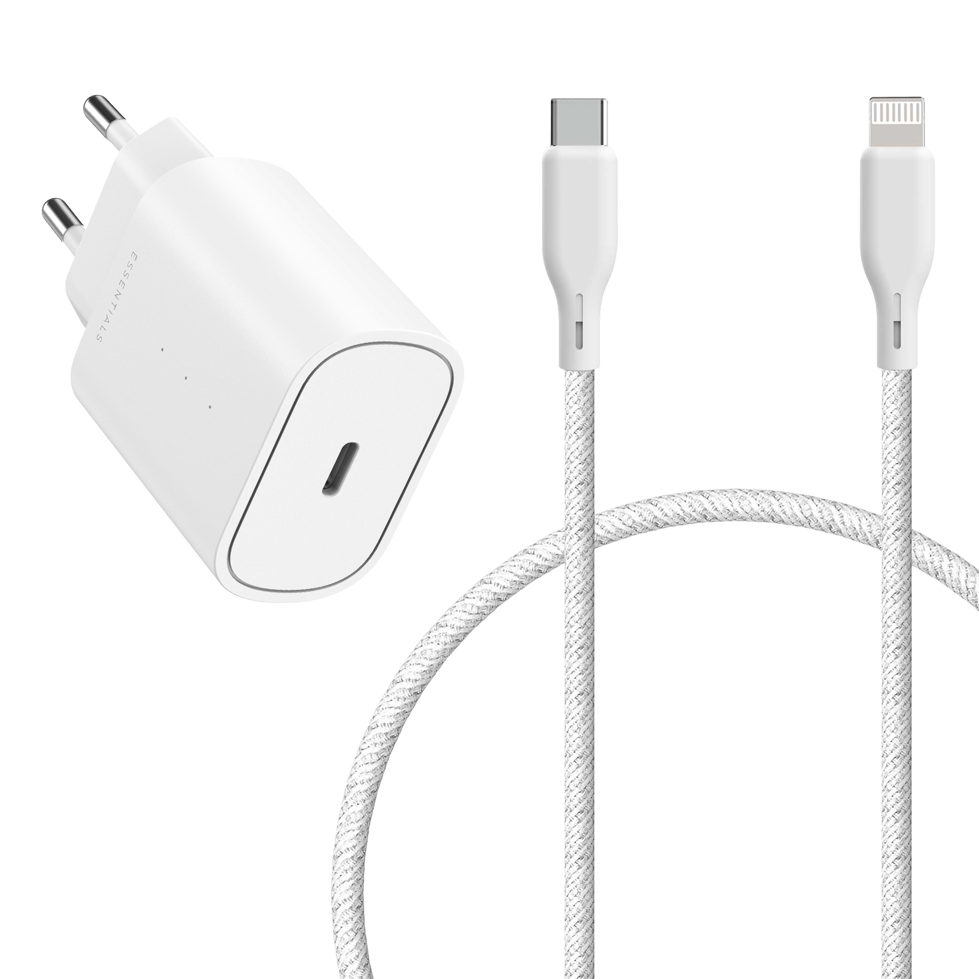 Un adaptateur secteur blanc et deux câbles de chargement blancs avec connecteurs USB-C et Lightning.
