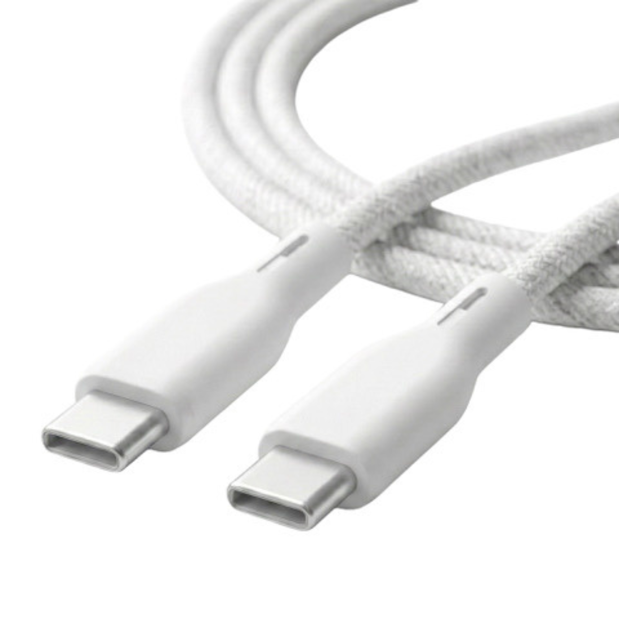 Un câble USB-C blanc tressé en tissu avec connecteurs argentés.