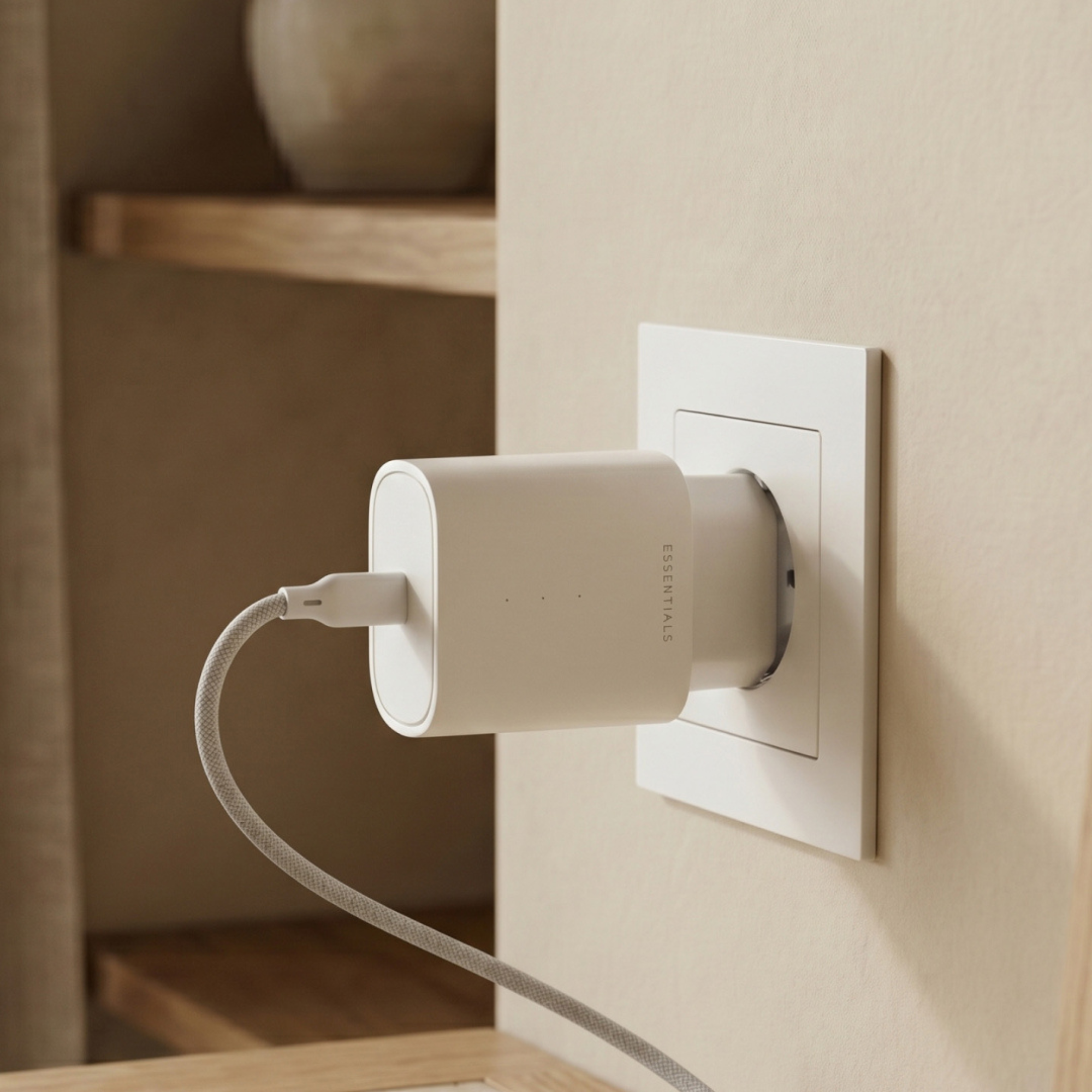 Un adaptateur secteur blanc avec un câble gris branché dans une prise murale.