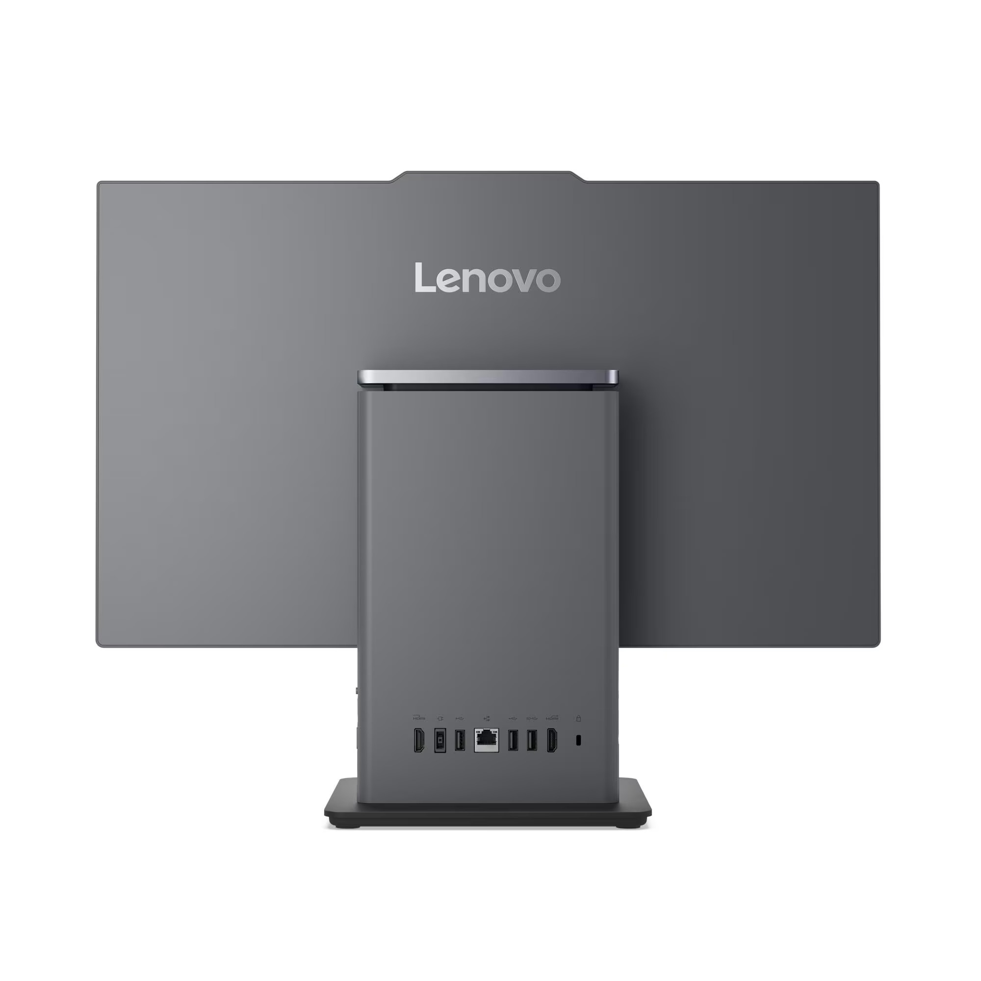 Gri Lenovo hepsi bir arada bilgisayarın arka görünümü, stantta bağlantı noktaları var.