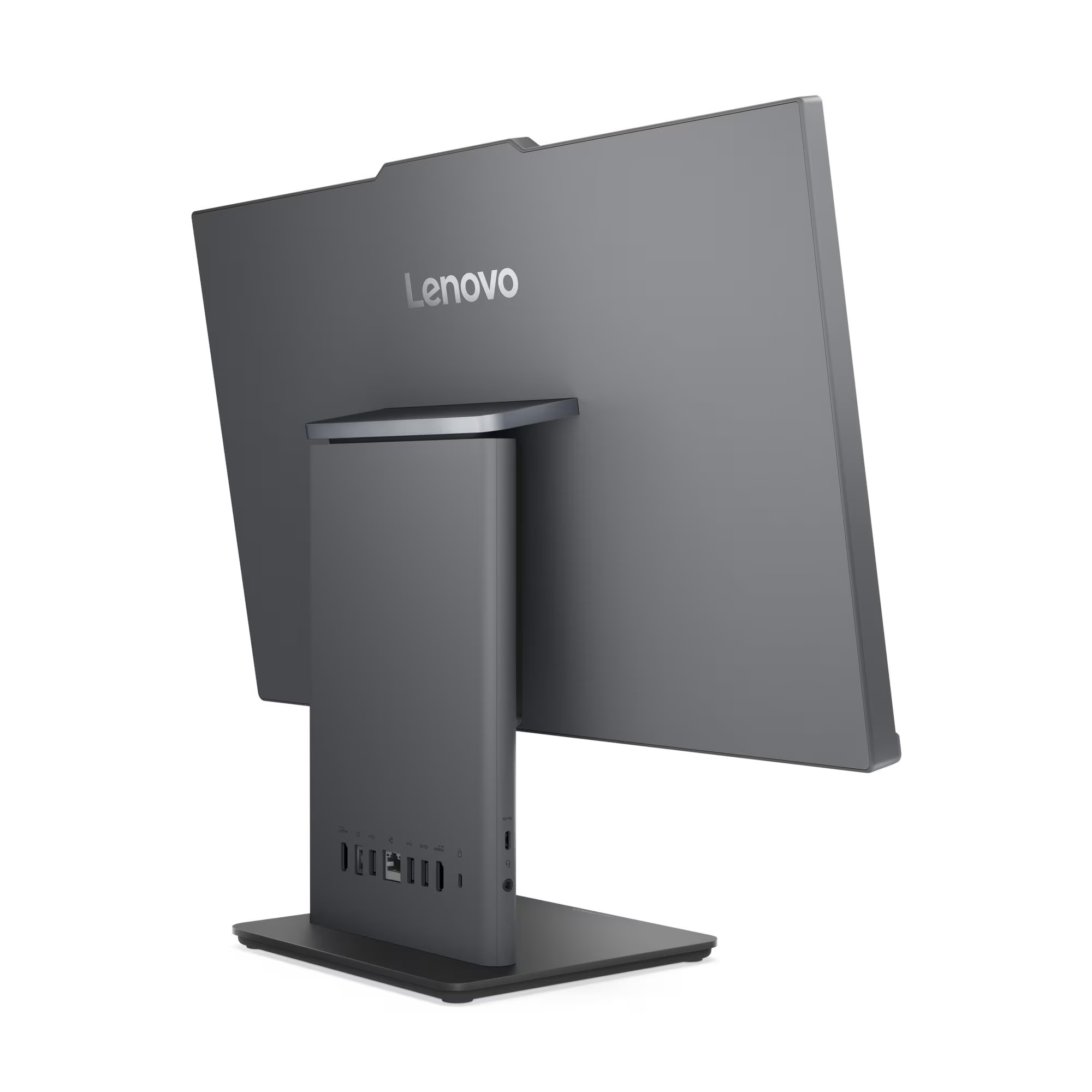 Gri Lenovo hepsi bir arada bilgisayar, arka görünüm, bağlantı noktaları.