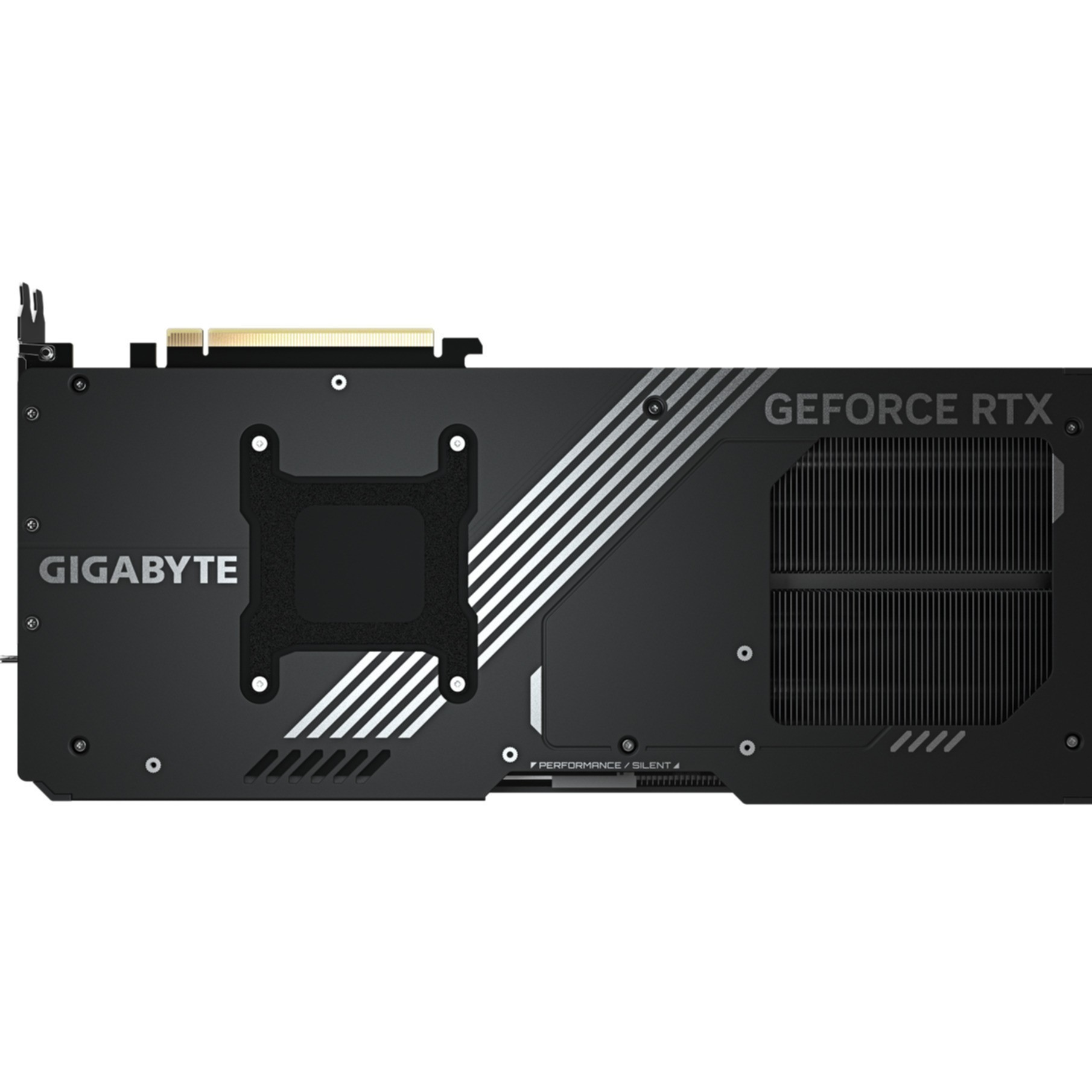 Zwarte grafische kaart met zilveren tekst: GIGABYTE en GEFORCE RTX.