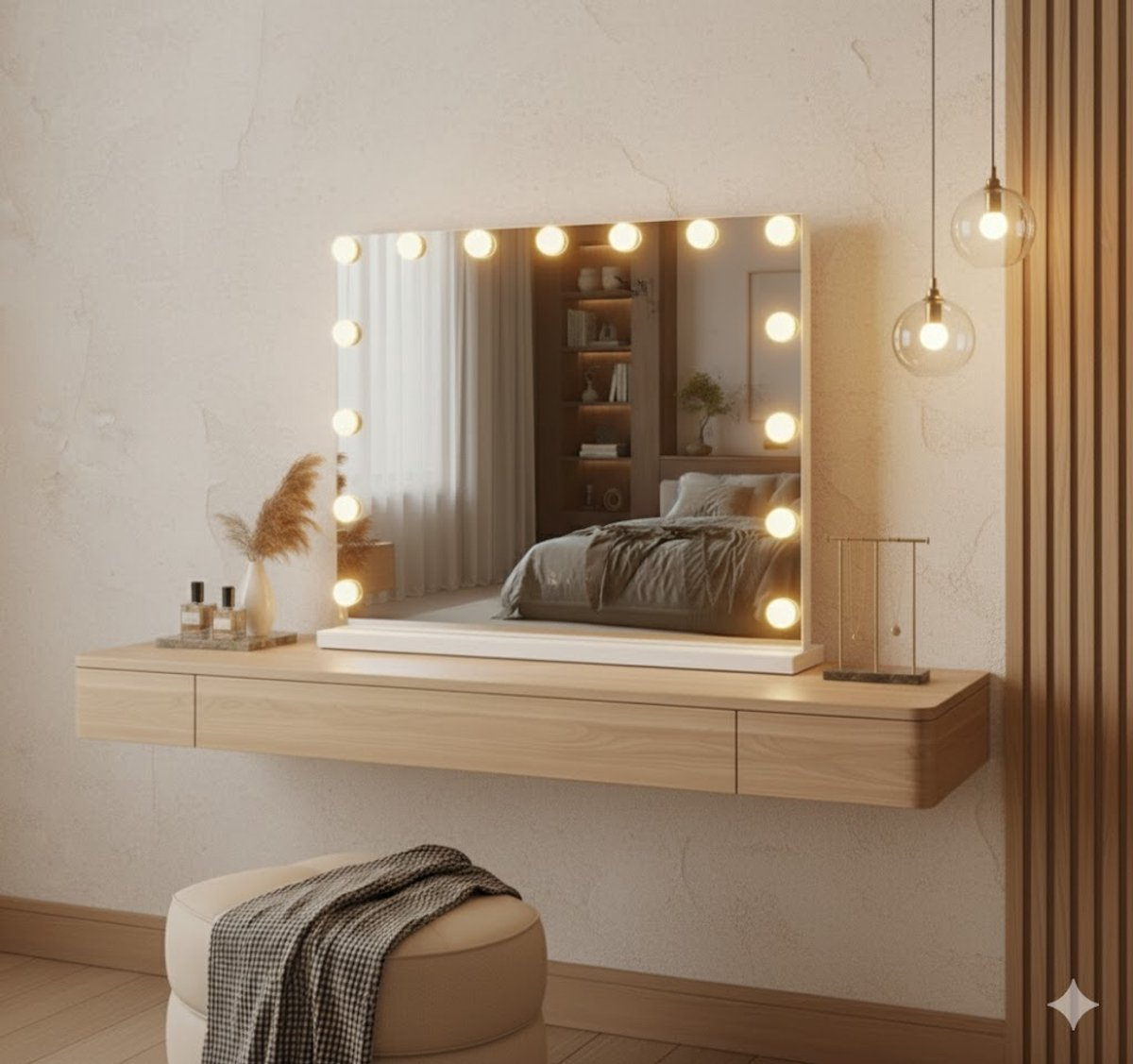 A vanity table with a lighted mirror, stool, and pendant lights.