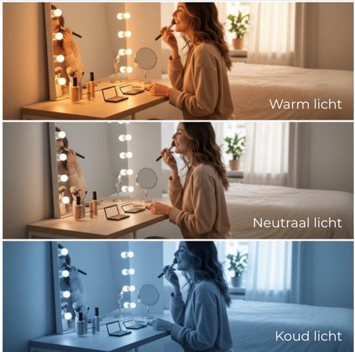 Woman applying makeup in front of a lighted mirror in three different light settings.