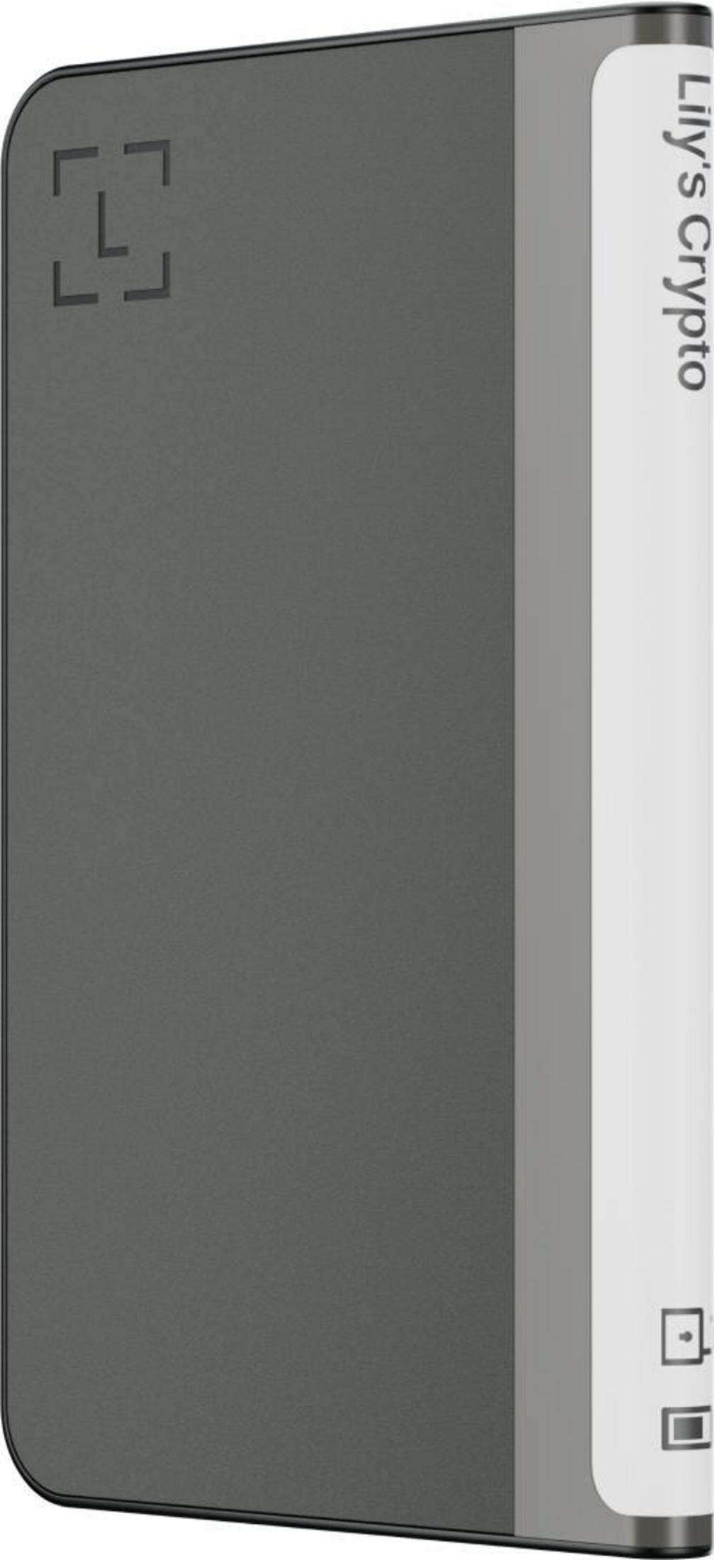 Un appareil rectangulaire gris foncé avec un panneau latéral blanc étiqueté « Lily's Crypto ».