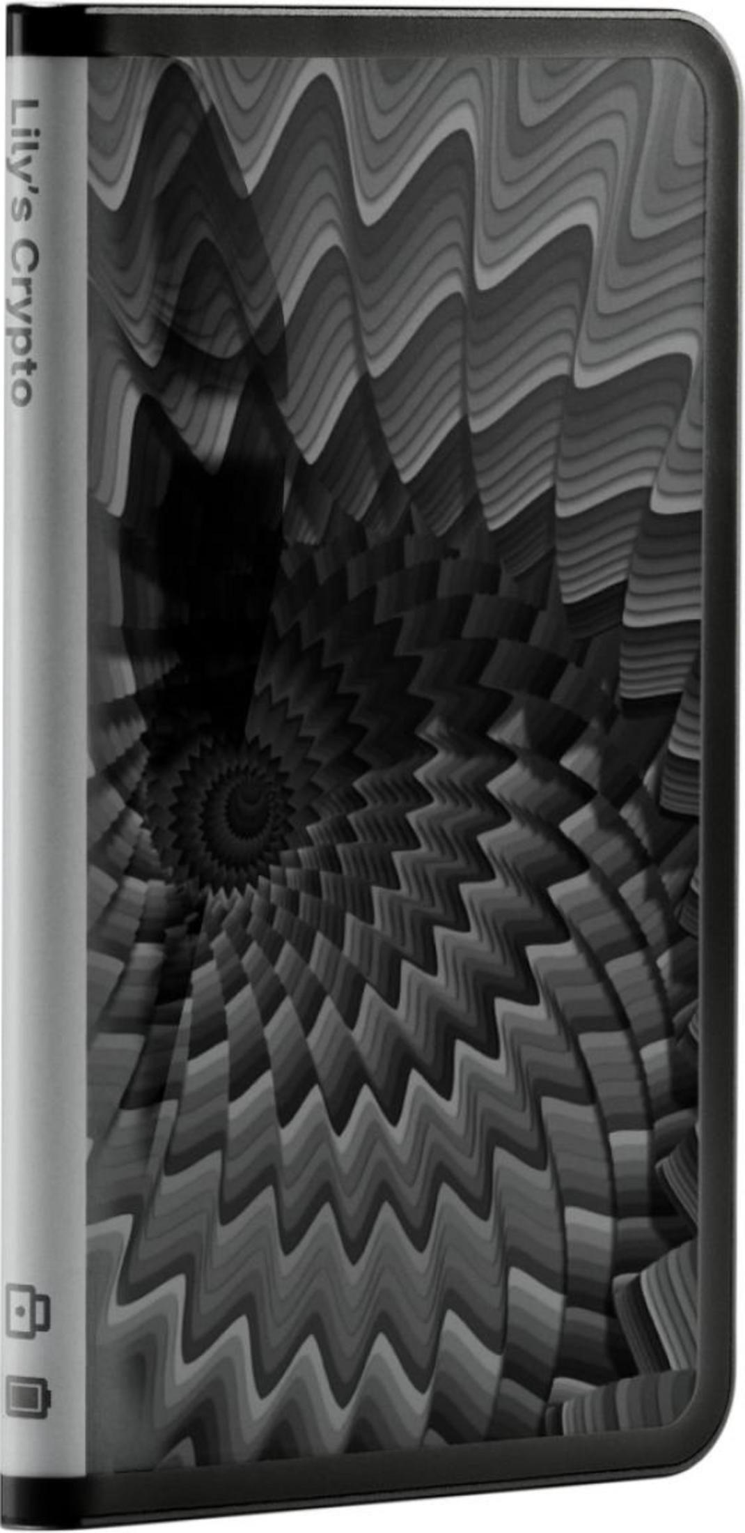 Un livre avec un motif en spirale ondulé noir et blanc sur la couverture.