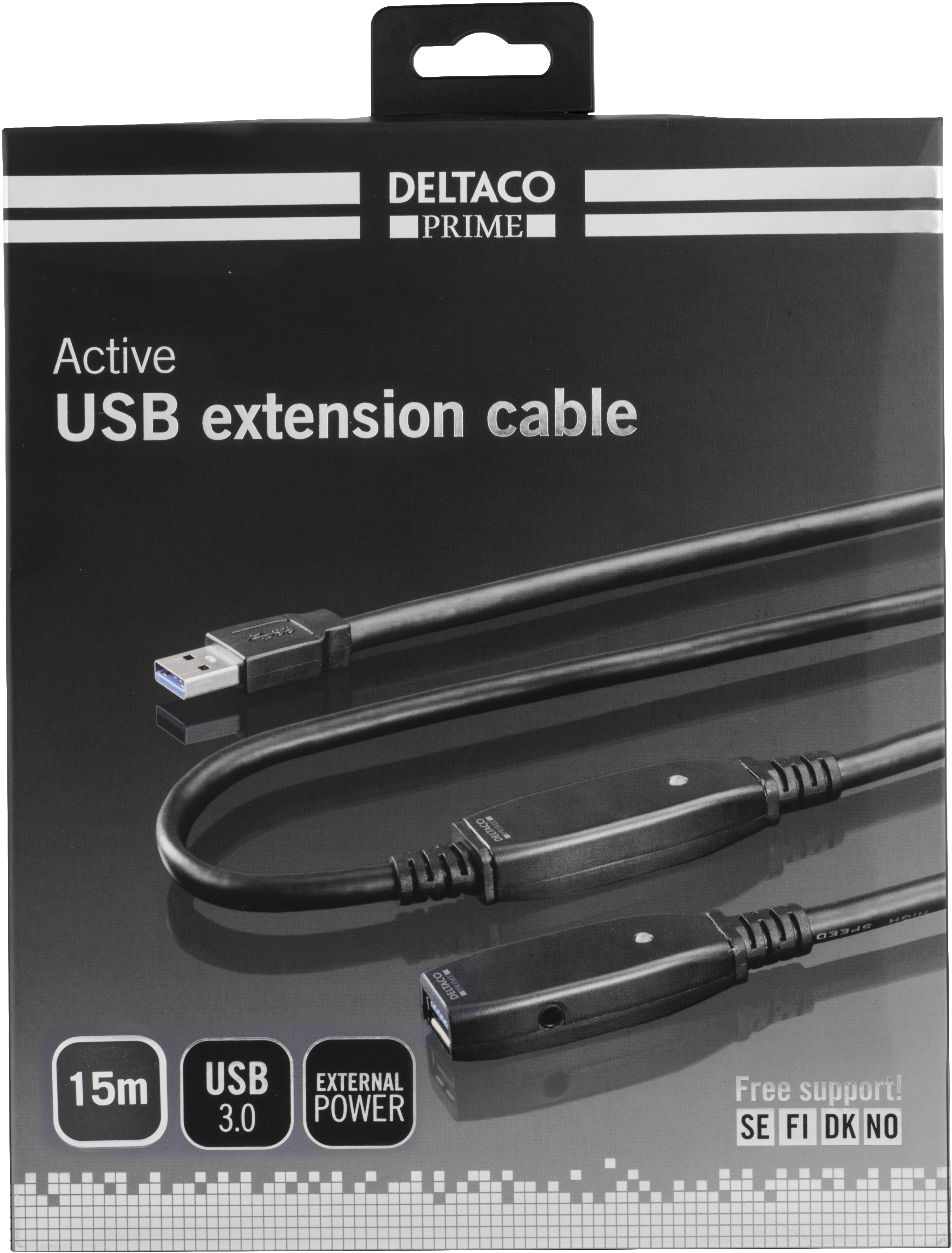 Un cavo di prolunga USB nero con spina e presa. 15m, USB 3.0.