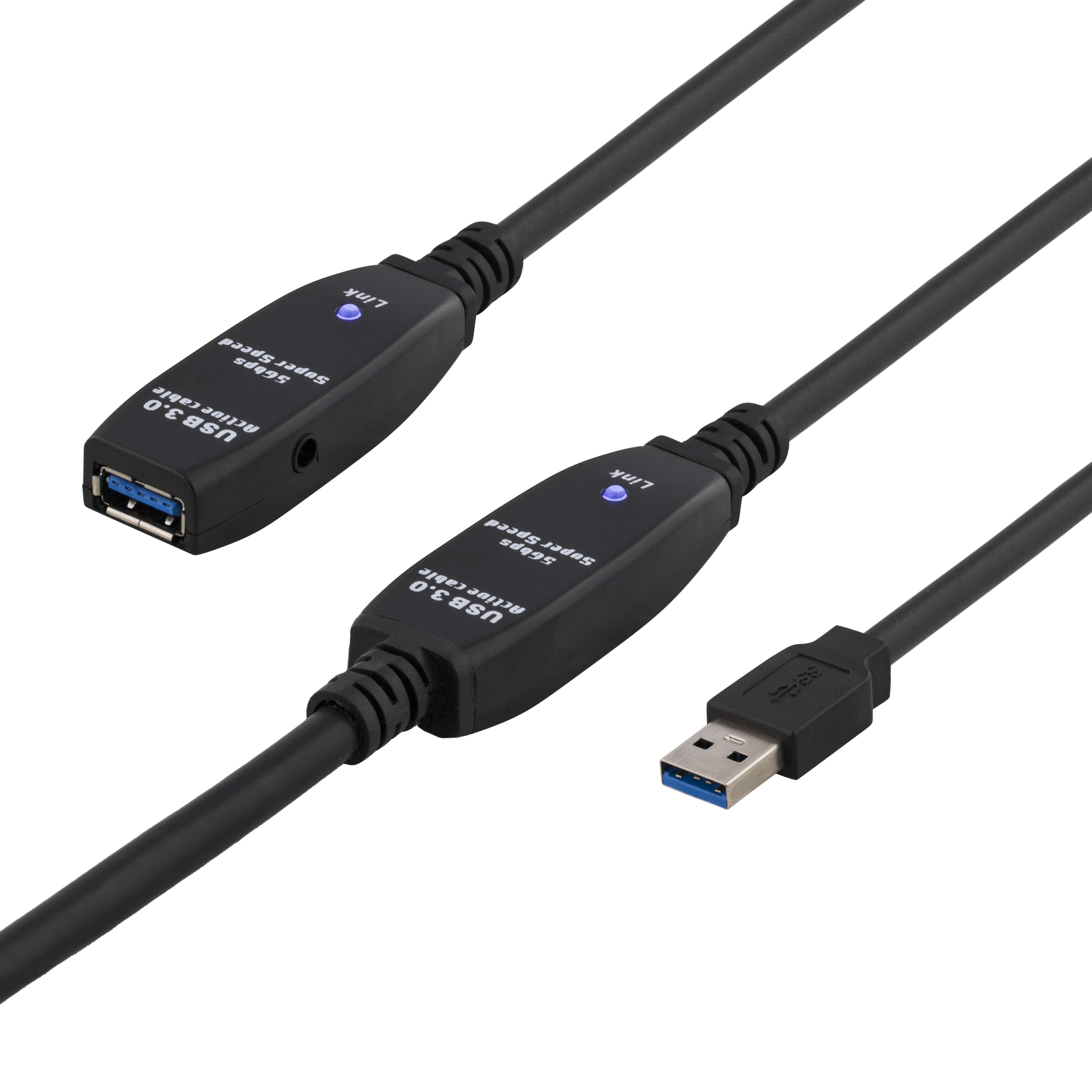 Due cavi ripetitori attivi USB 3.0 neri con LED di collegamento blu.