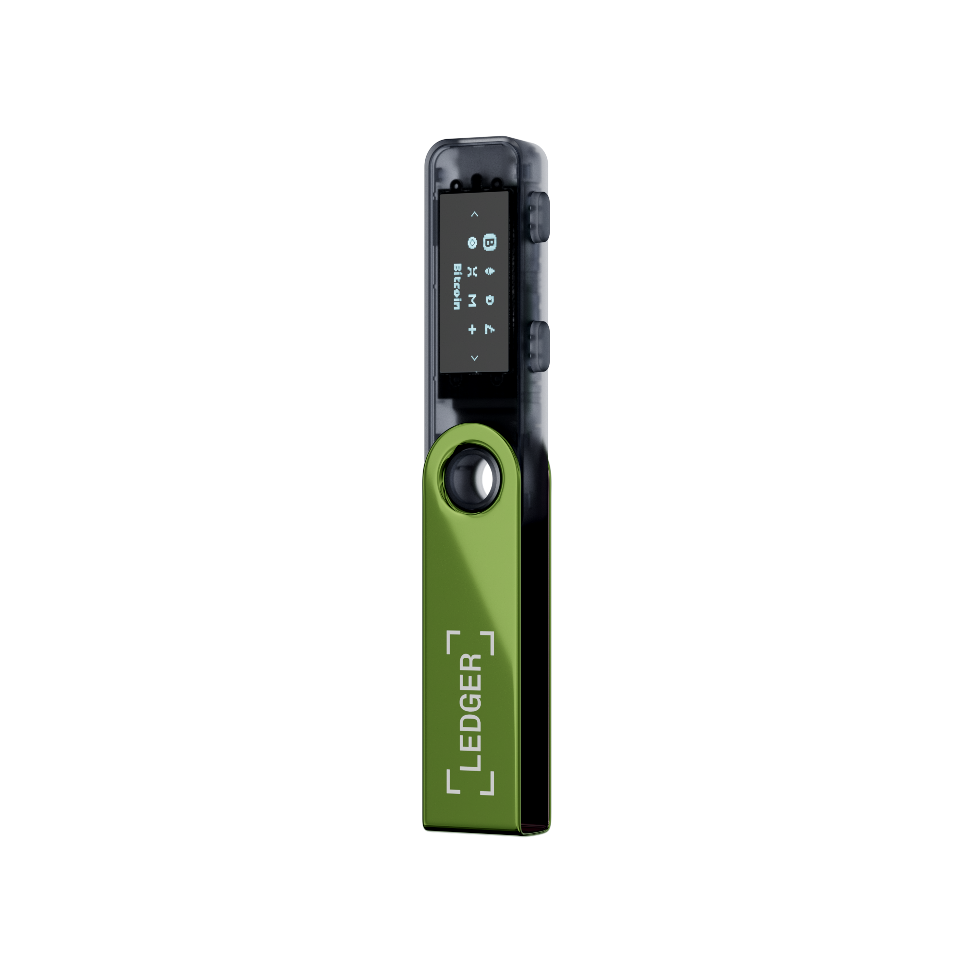 Een groene Ledger hardware wallet met scherm, toont Bitcoin-symbool.