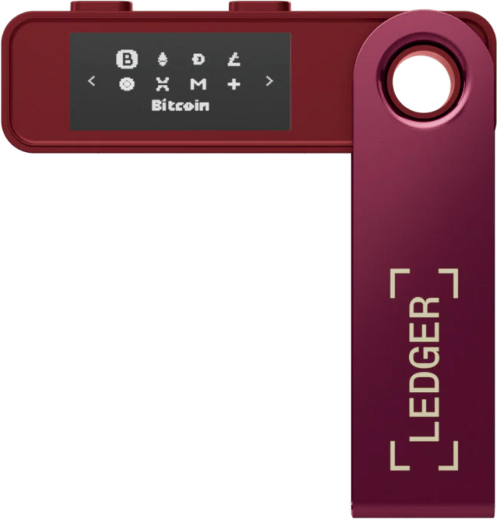 Een rode Ledger crypto wallet met een scherm waarop Bitcoin staat.