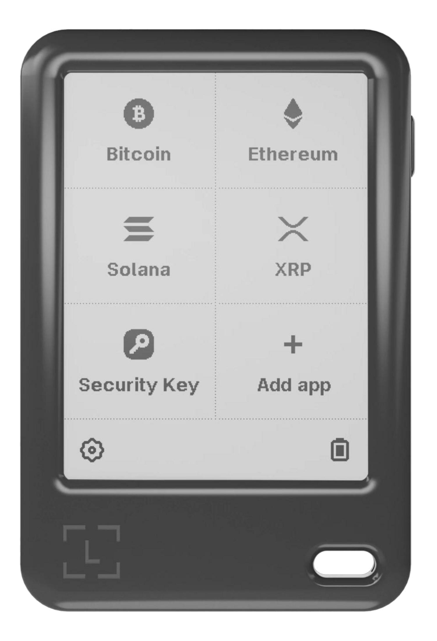 Un portefeuille crypto gris affichant les icônes Bitcoin, Ethereum, Solana et XRP.