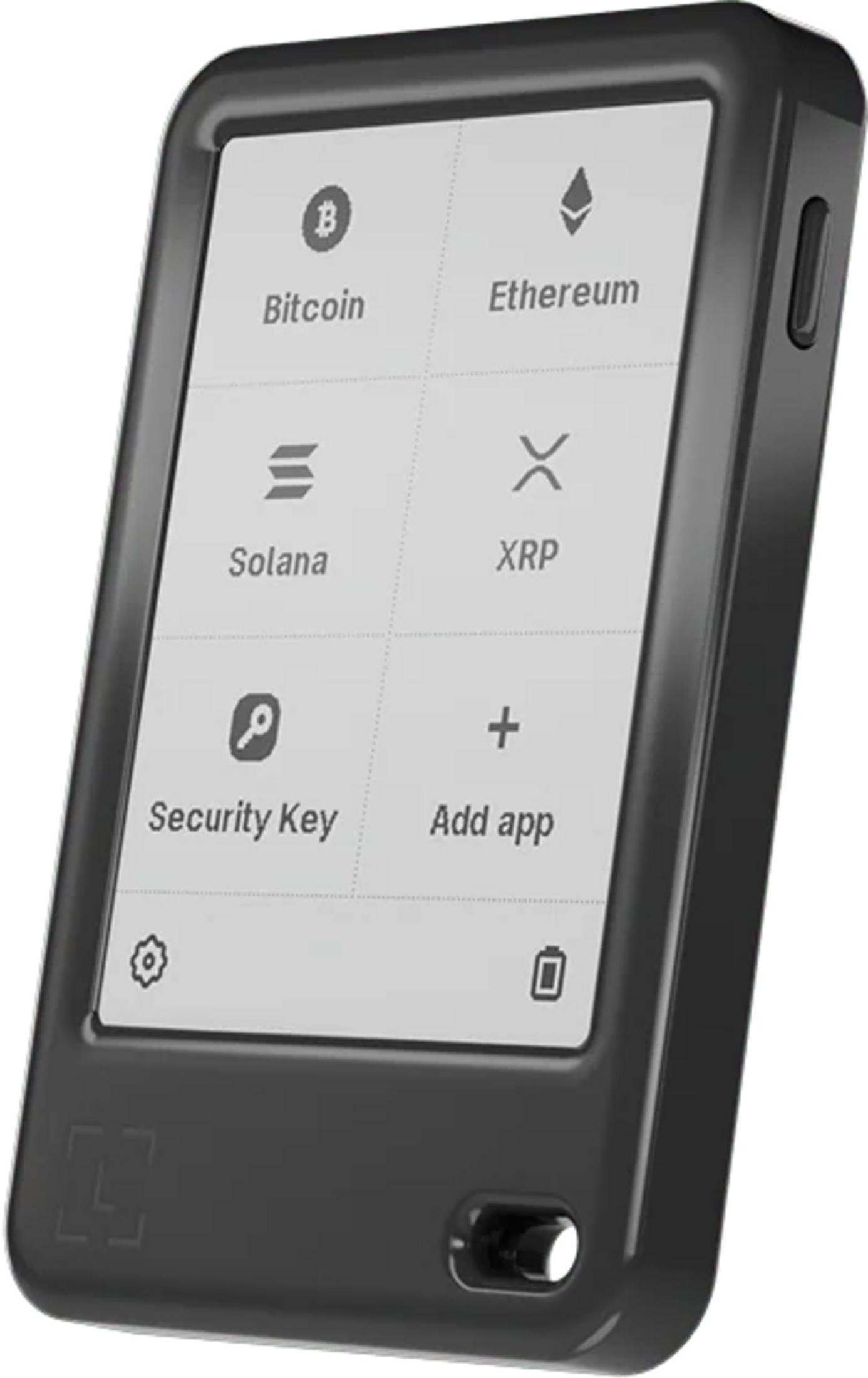 Un portefeuille matériel noir affiche Bitcoin, Ethereum, Solana, XRP, Clé de sécurité, Ajouter une application.