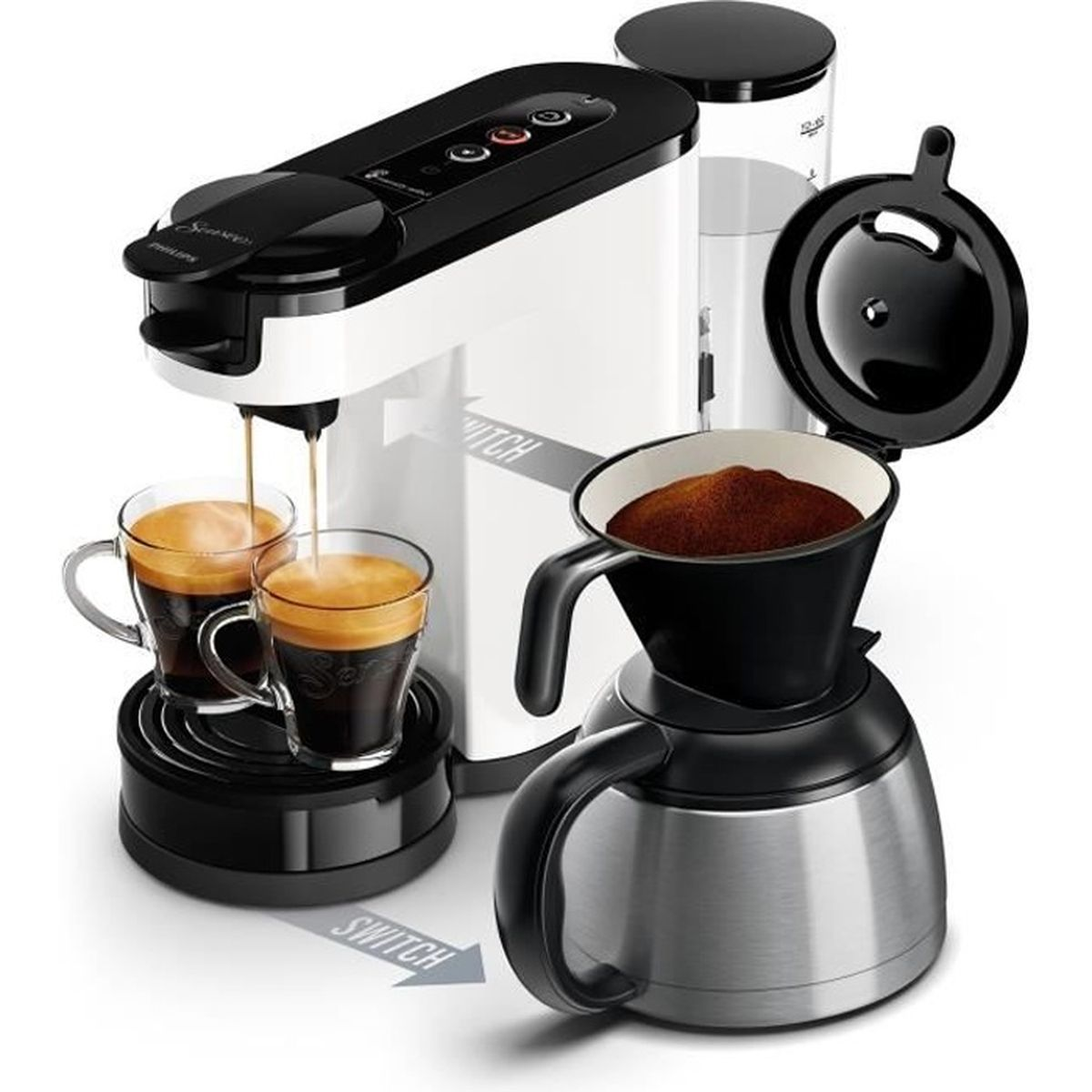 Macchina da caffè che prepara due tazze di caffè, con portafiltro e serbatoio.