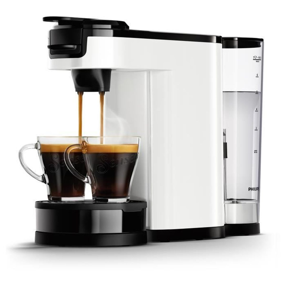 Una macchina da caffè bianca prepara due tazze di espresso in tazze di vetro.
