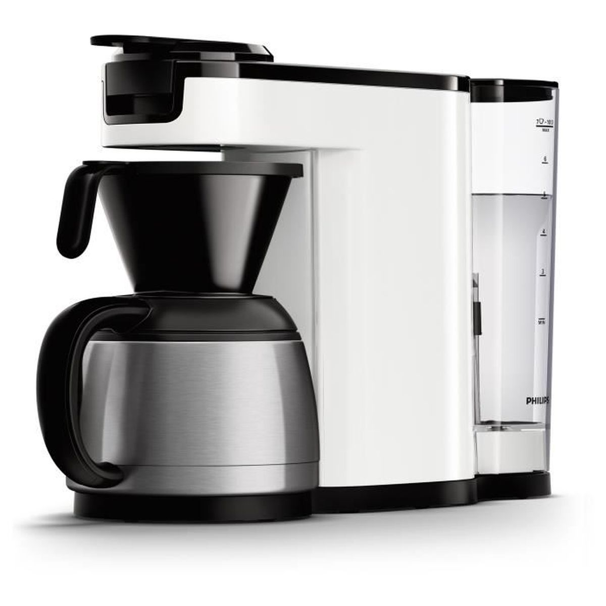 Macchina da caffè bianca con portafiltro nero e caraffa termica.