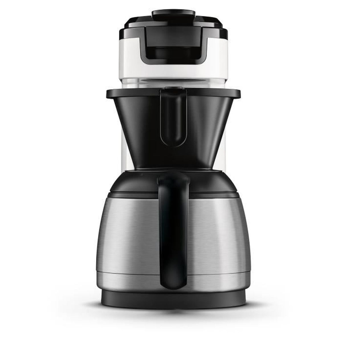Mixer da cucina argento e nero con manico e contenitore trasparente.