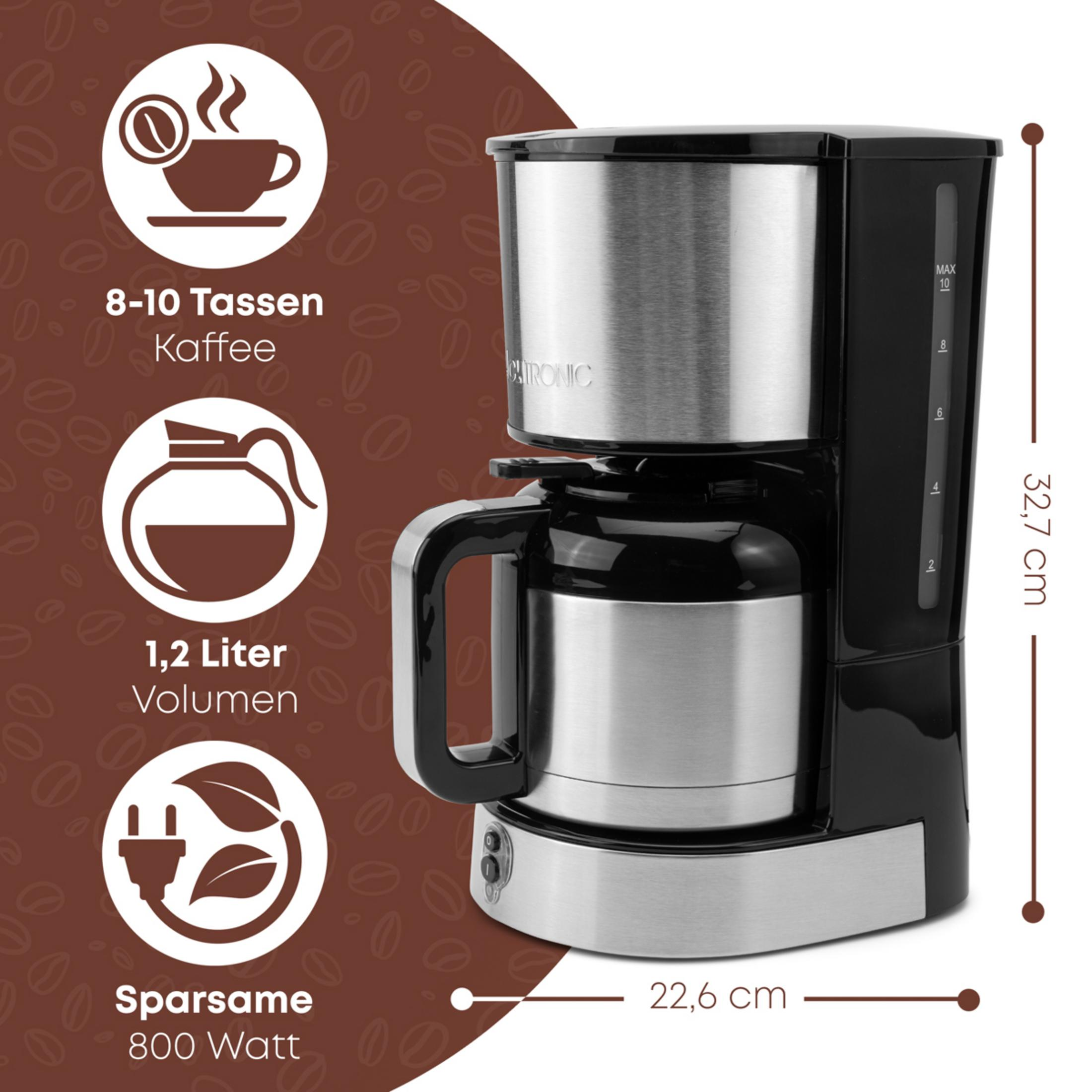 Coffee machine with 1.2 L capacity, 800W power, 32.7cm height.