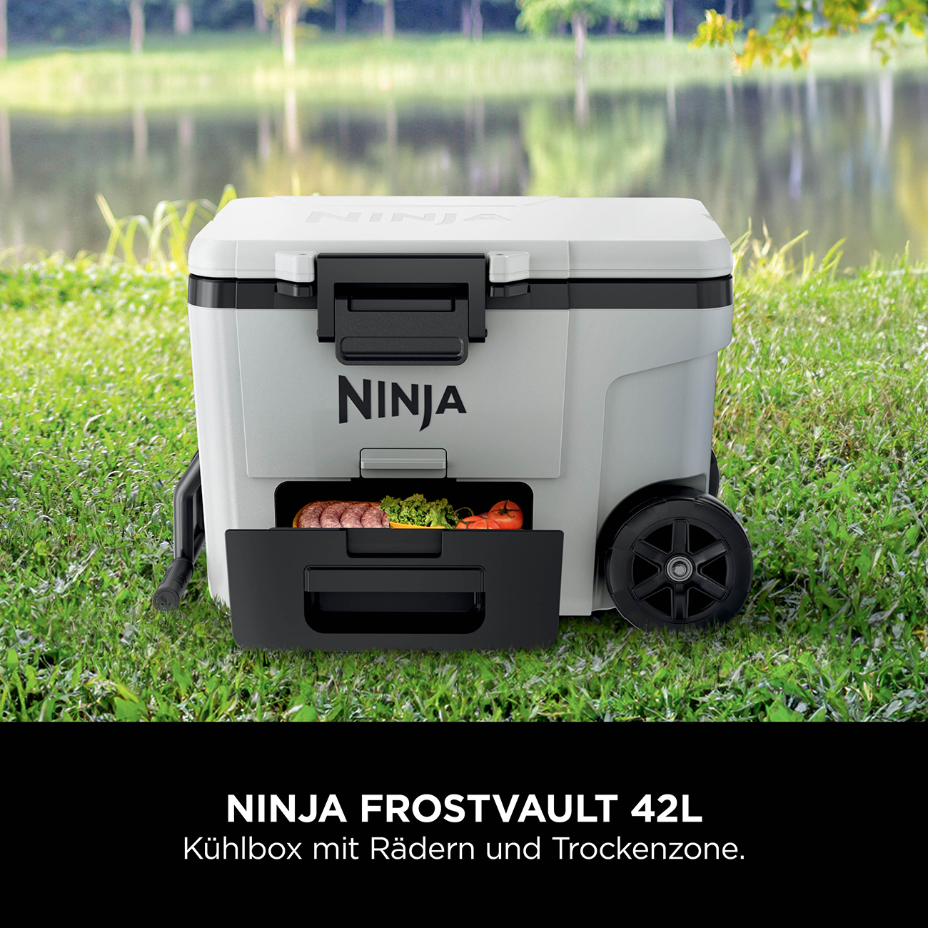 Borsa frigo Ninja grigia su ruote con scomparto aperto per alimenti, vicino all'acqua.
