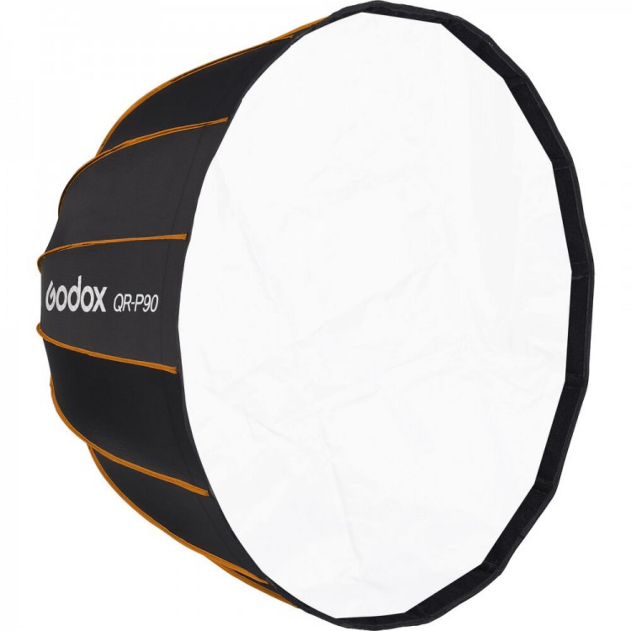 Ein schwarzer Godox QR-P90 Softbox-Diffusor mit orangefarbenen Akzenten auf weißem Hintergrund.