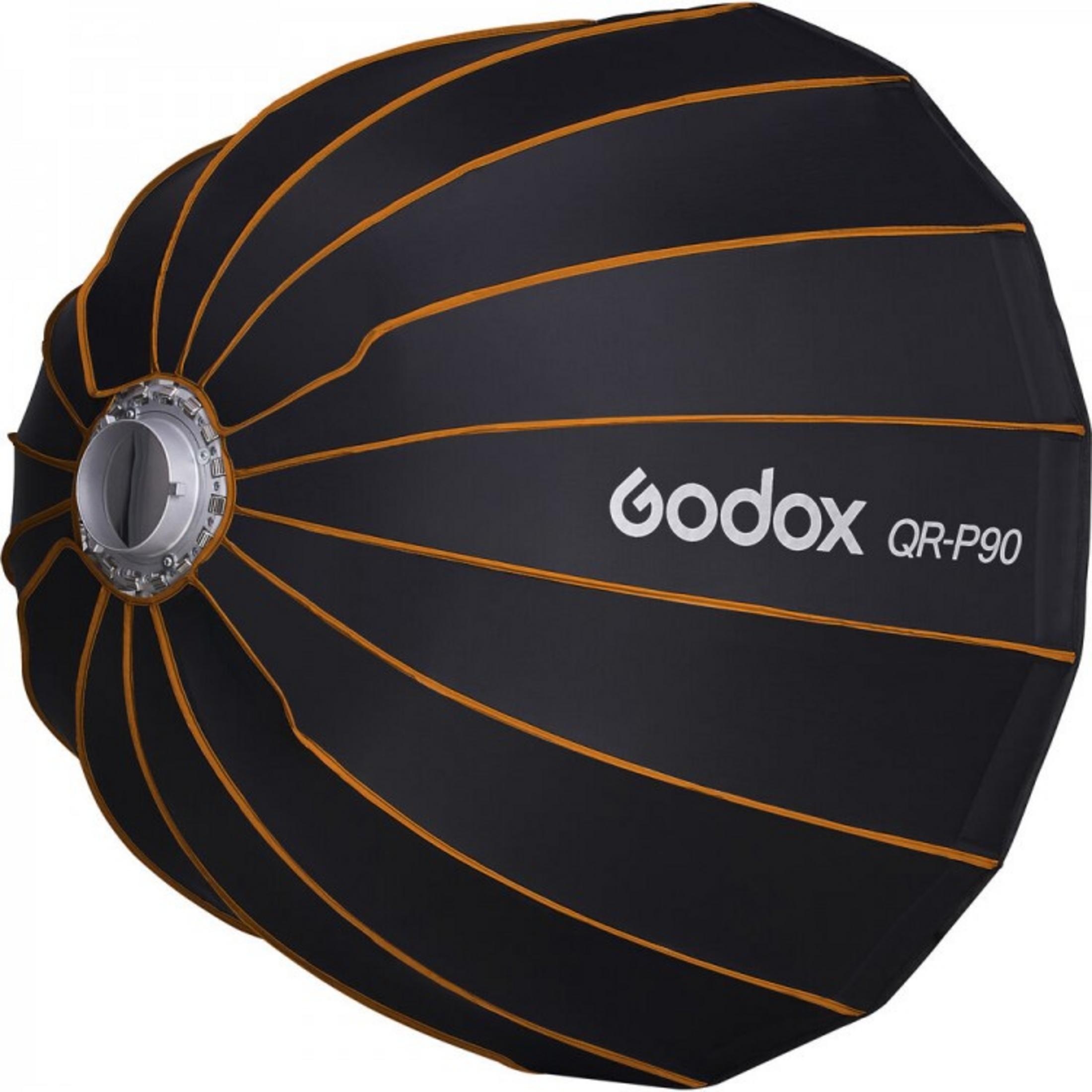 Ein schwarzer Godox QR-P90 Softbox mit orangefarbenen Streifen und silbernem Montagering.