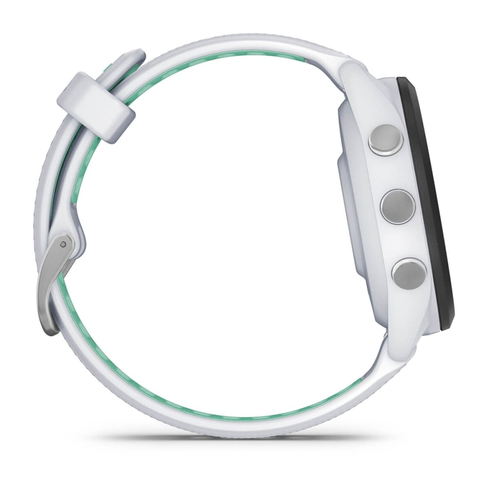 Reloj inteligente blanco con banda de acento verde y tres botones laterales.