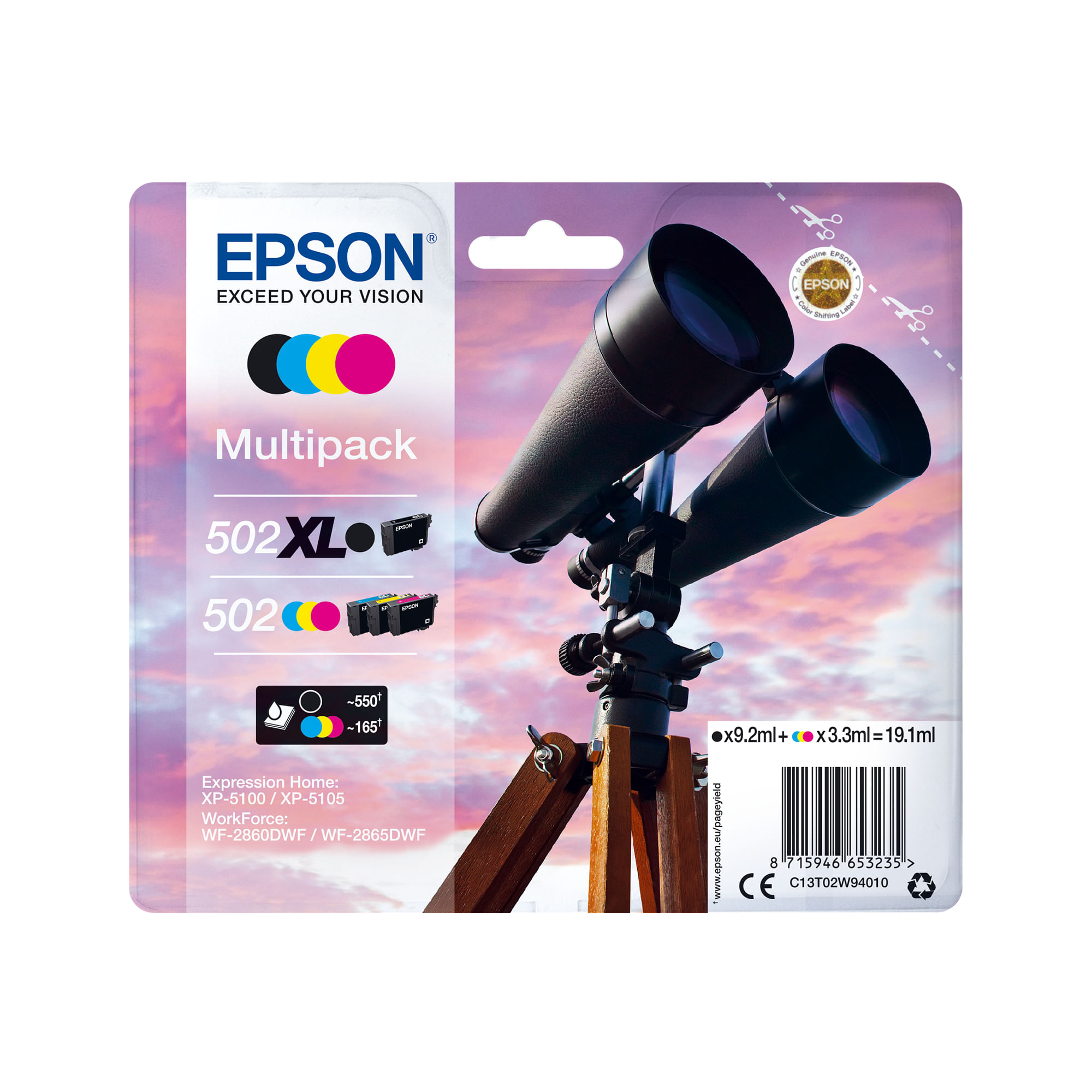 Multipack Epson 502XL avec télescope sur trépied en bois devant ciel.