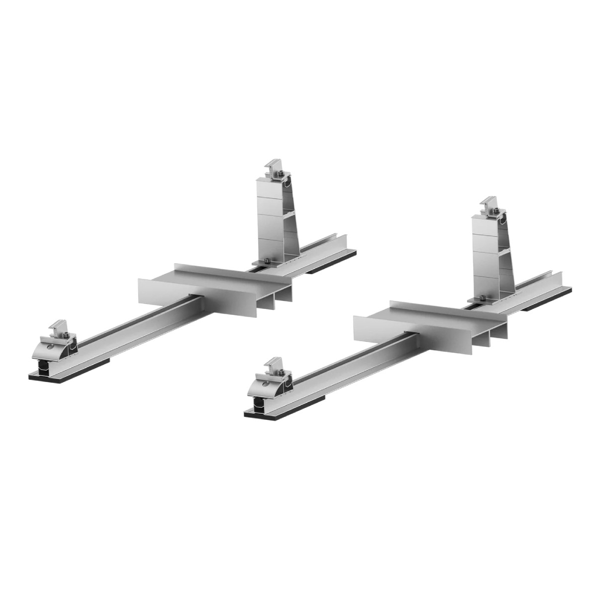 Due staffe metalliche argentate con morsetti su sfondo bianco.