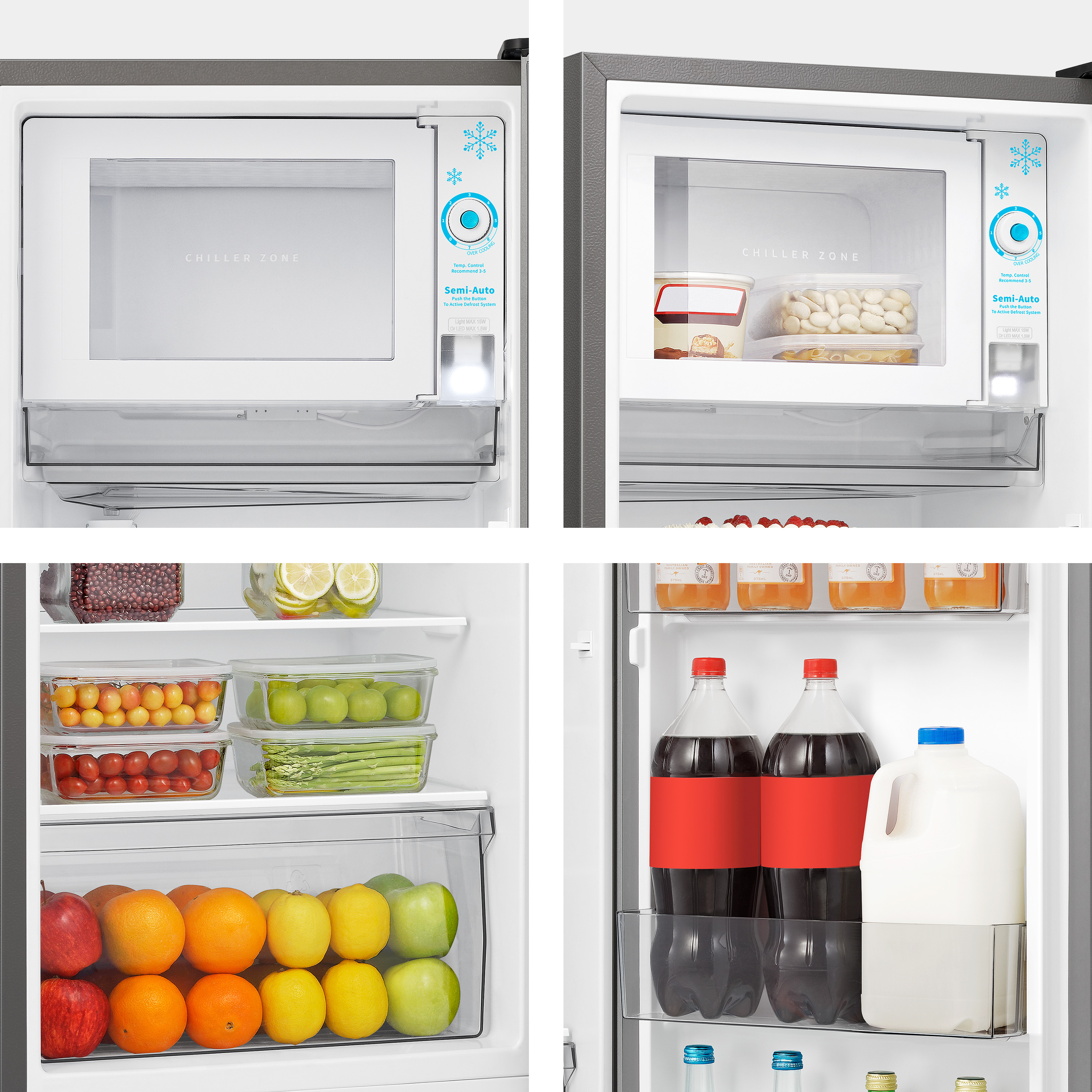 Zona chiller con controllo temperatura, riempita con vari alimenti e bevande.