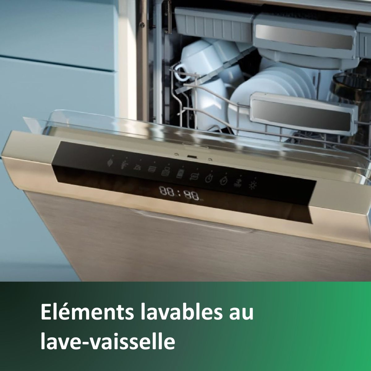 Dishwasher with open door, loaded with plates and cups.