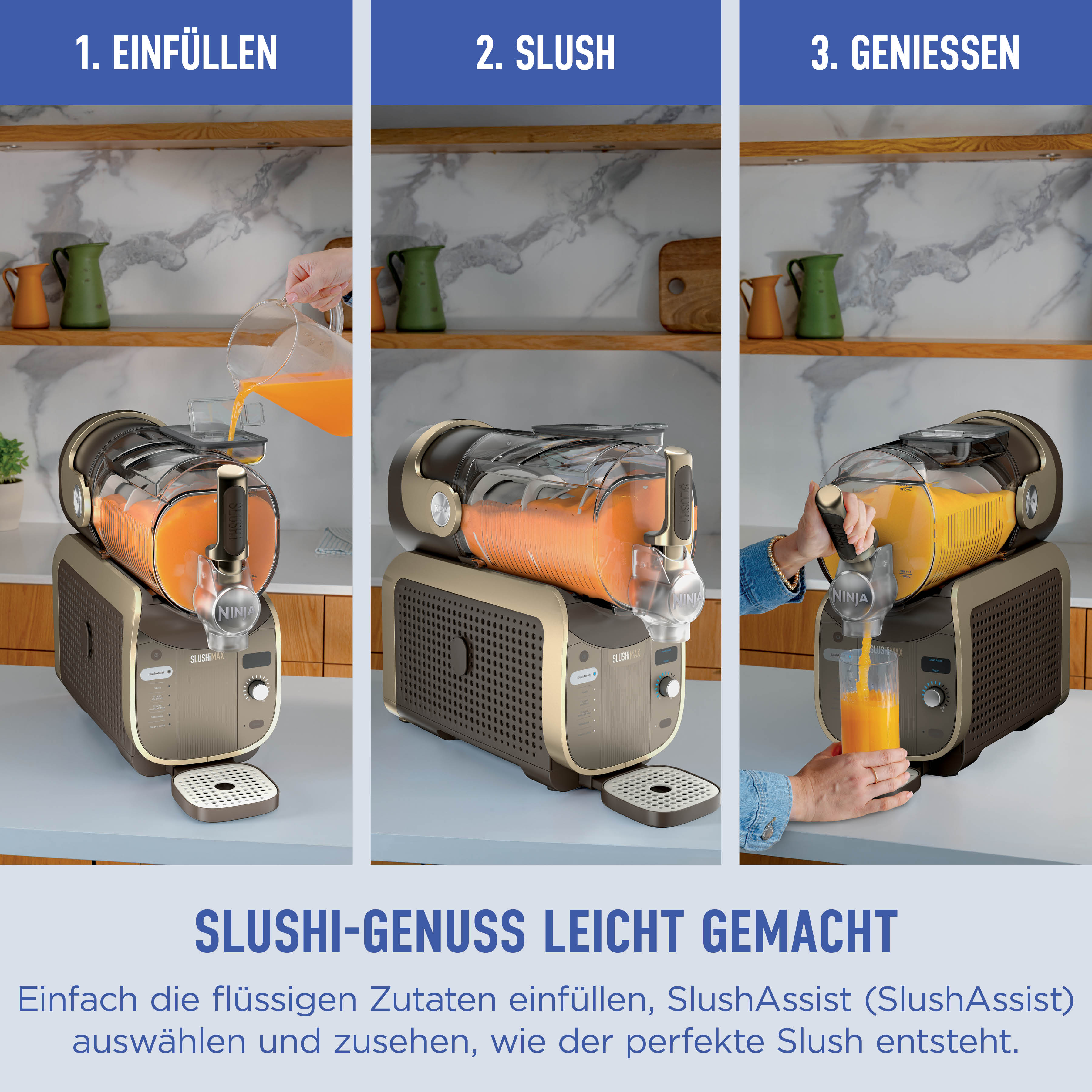 Drei Schritte zur Slushi-Herstellung: Einfüllen, Slush machen, Genießen.