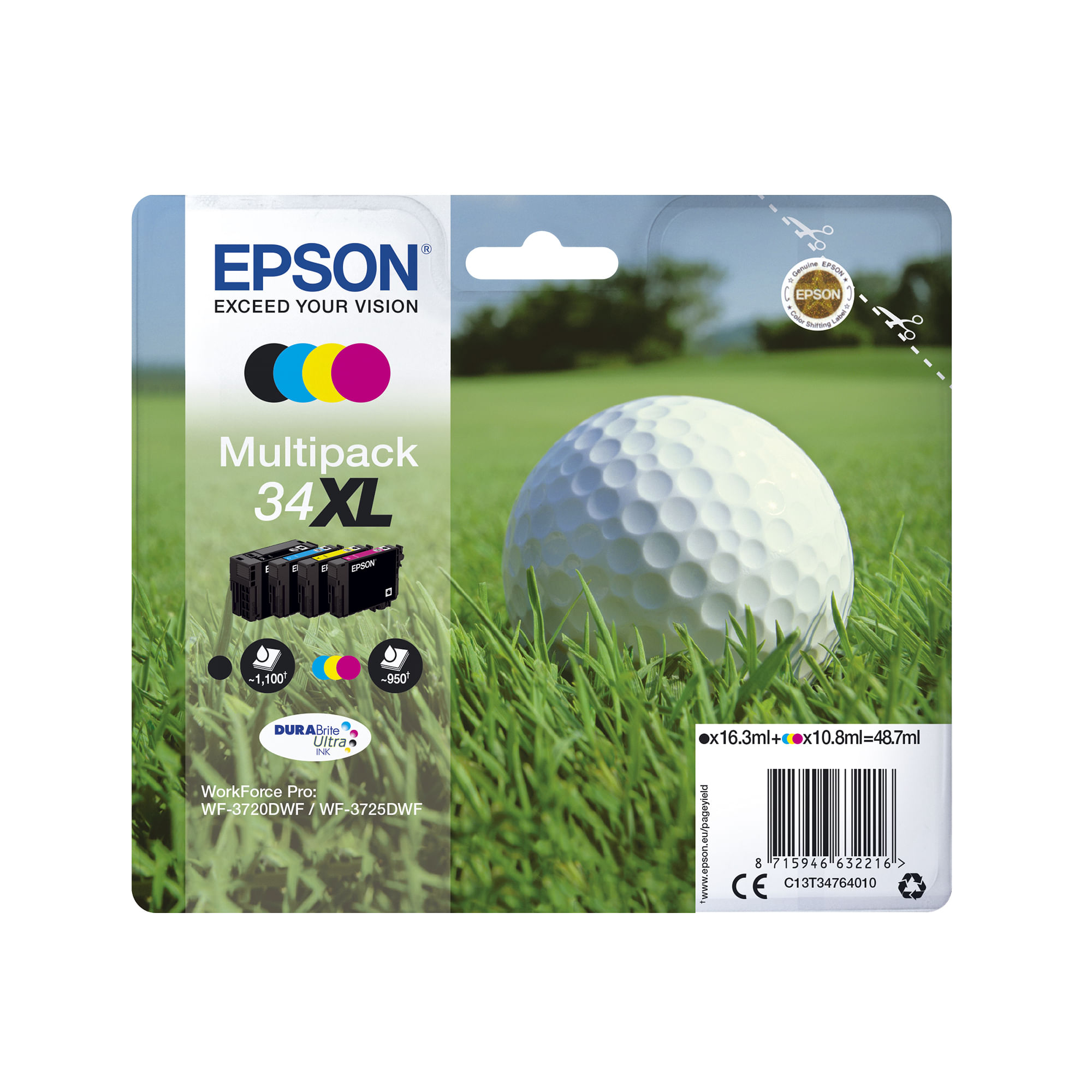 Epson 34XL Tintenpatronen mit Golfball und Gras. Epson Logo und Produktinfo.