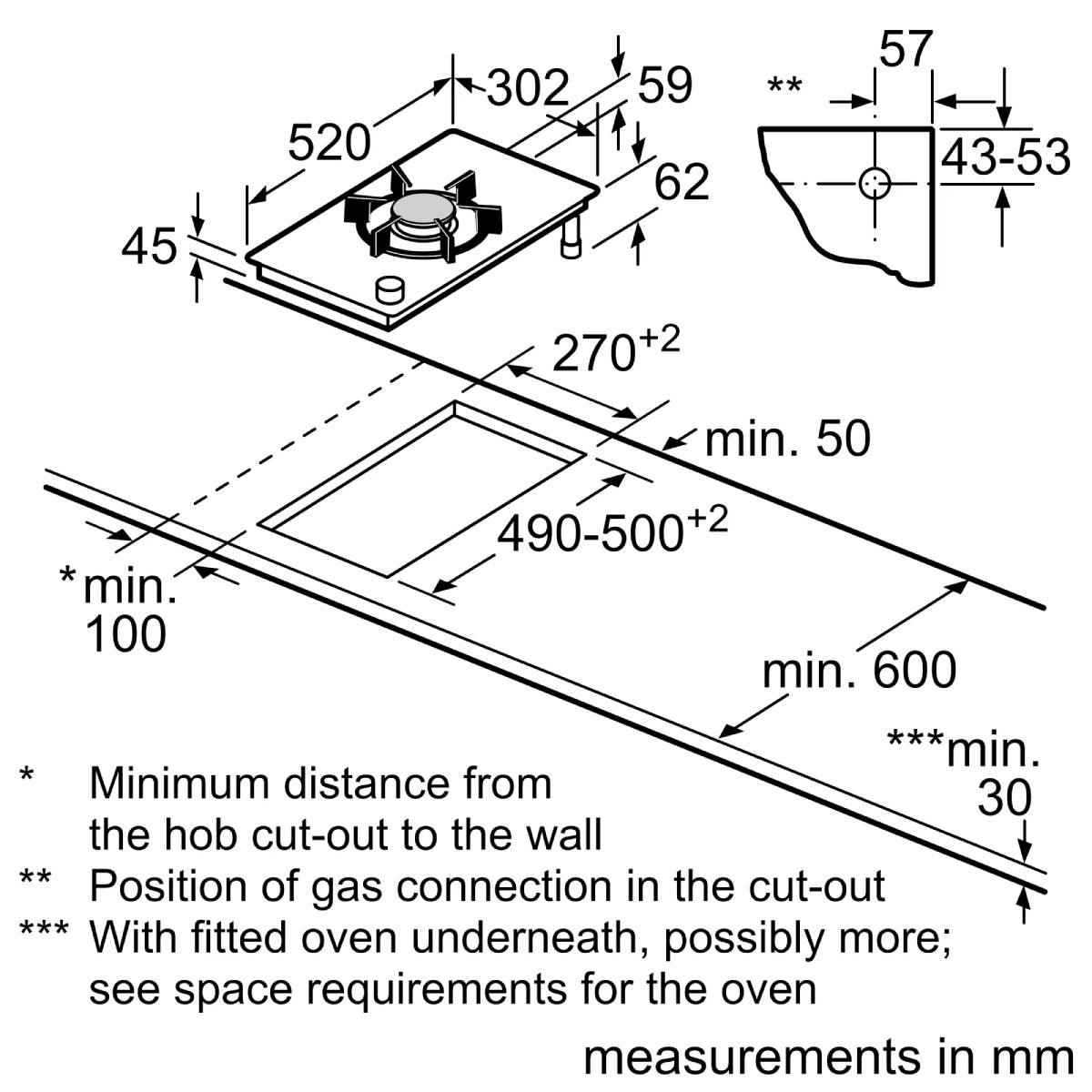 Dibujo técnico de una placa de cocina con dimensiones de instalación y distancias en mm.