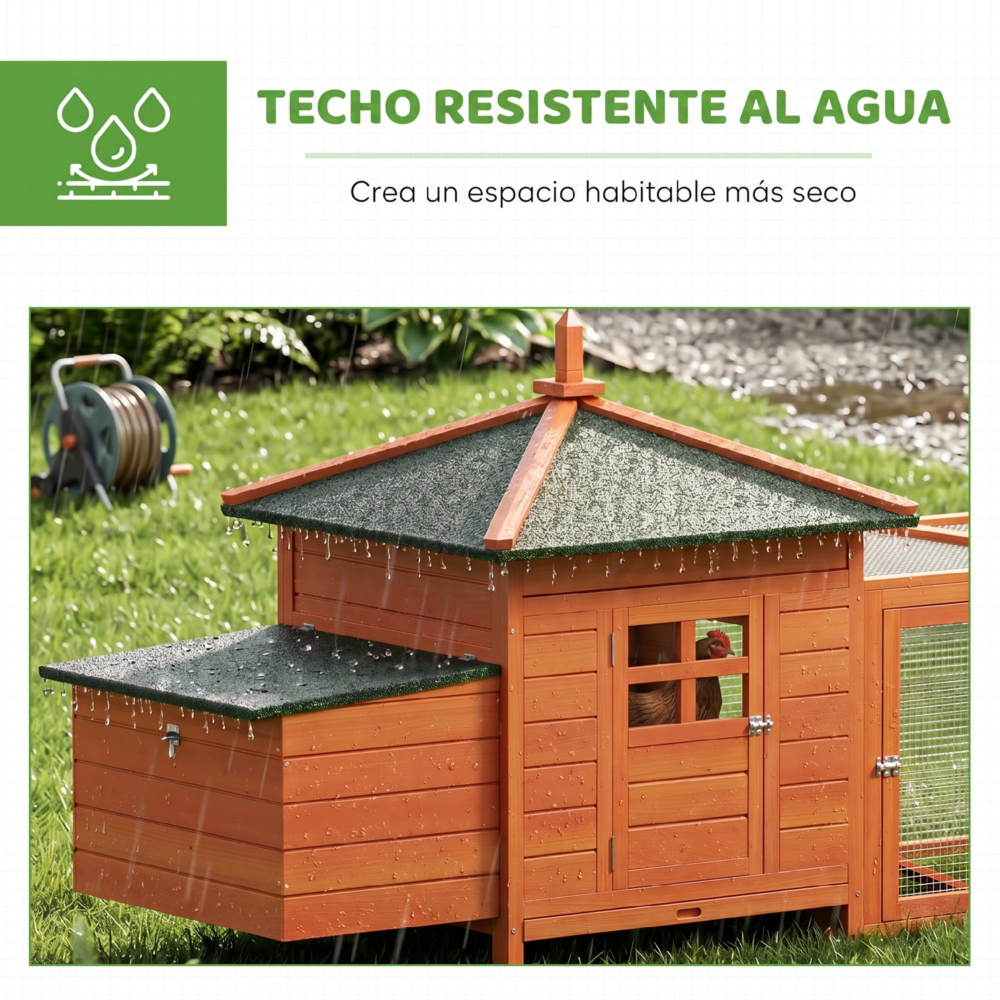 Una pajarera marrón bajo la lluvia con gotas de agua en el techo.