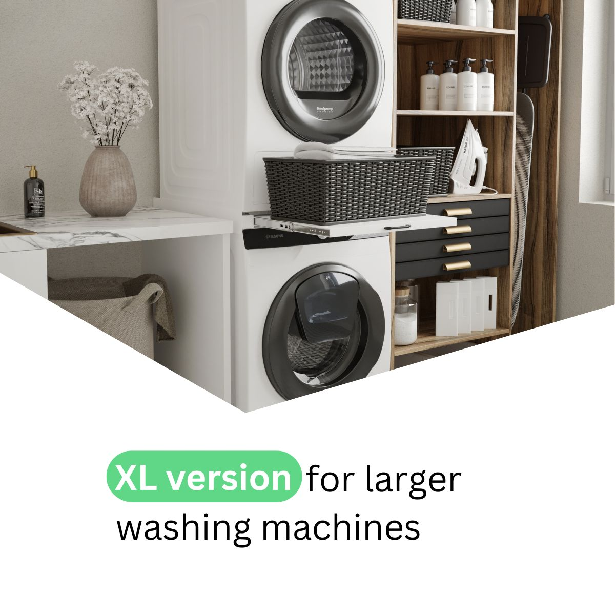 A white dryer above a washing machine with laundry basket and iron.