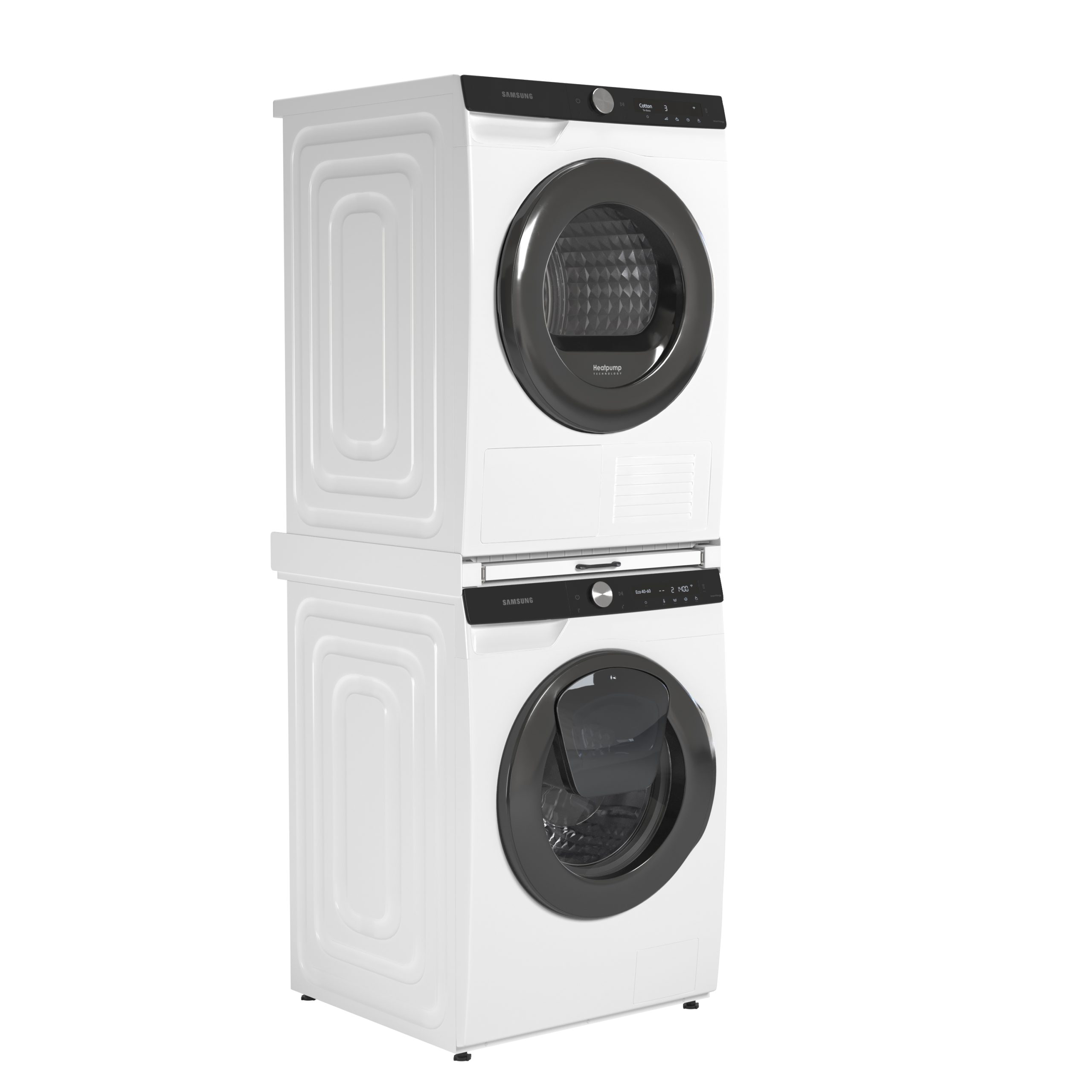 A white Samsung washer-dryer combo with a black door and control panel, front view.