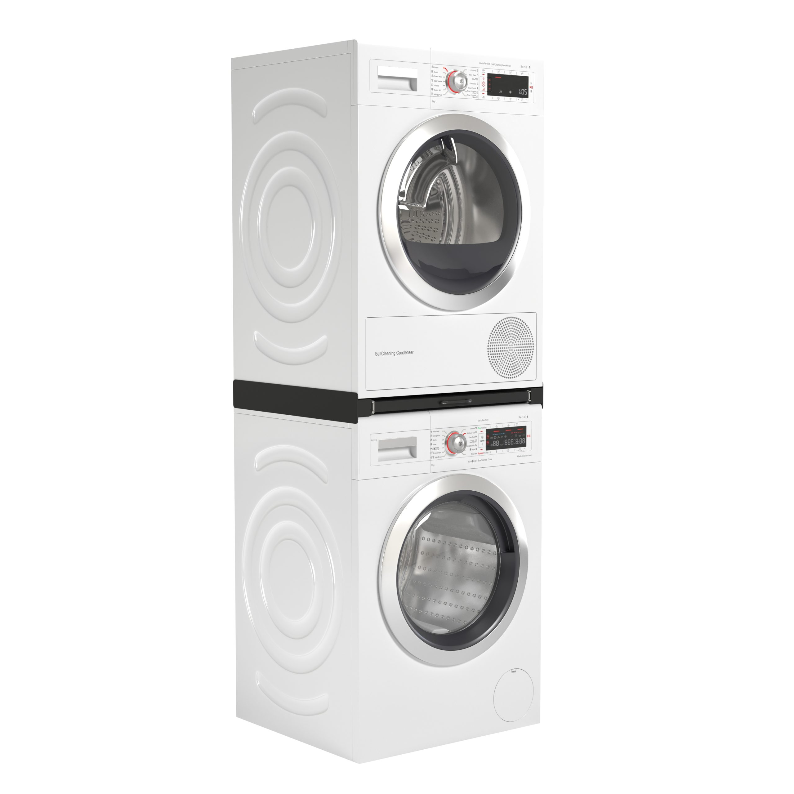 Een witte droger is gestapeld op een witte wasmachine.