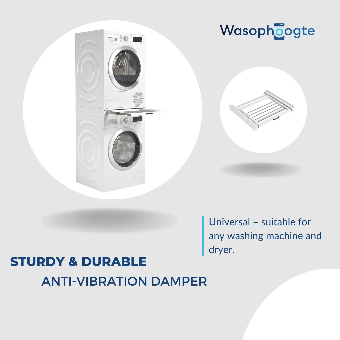 A white dryer stacked on a washing machine. A pull-out shelf is beside them.