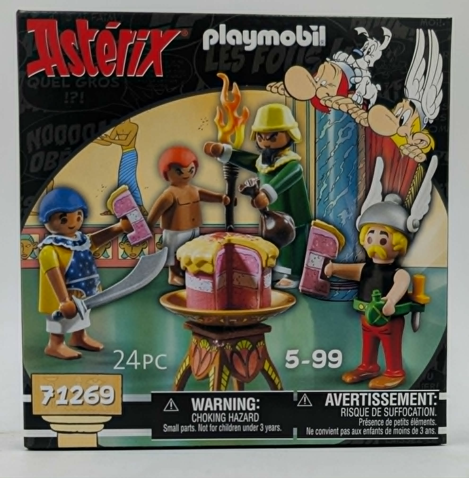 Set Playmobil Asterix con figure e torta. Etichette di avvertenza sulla scatola.