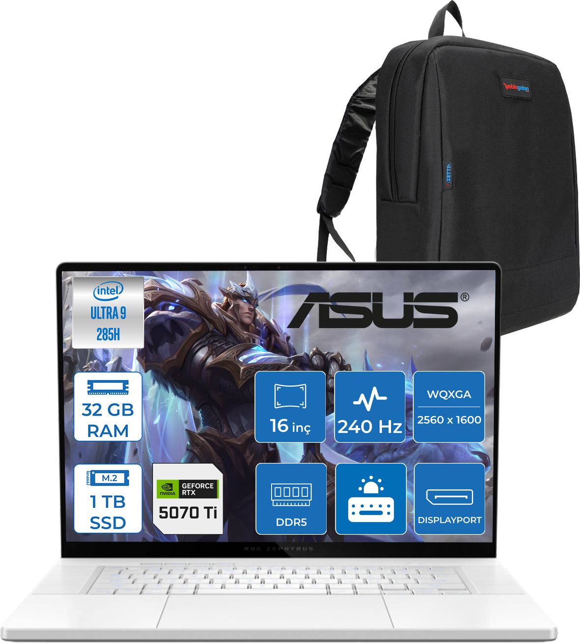 Intel Ultra 9, 32 GB RAM, 1 TB SSD ve RTX 5070 Ti özellikli Asus dizüstü bilgisayar, siyah sırt çantası yanında.
