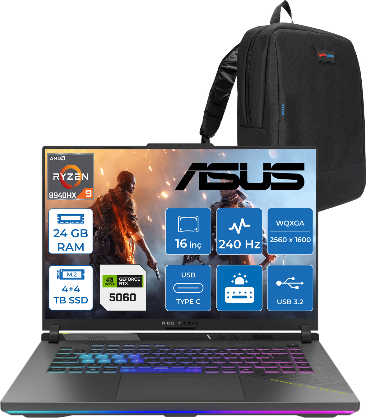 RGB klavyeli ve sırt çantalı siyah dizüstü bilgisayar. Özellikler: Ryzen 9, 24 GB RAM, 4+4 TB SSD, RTX 5060.