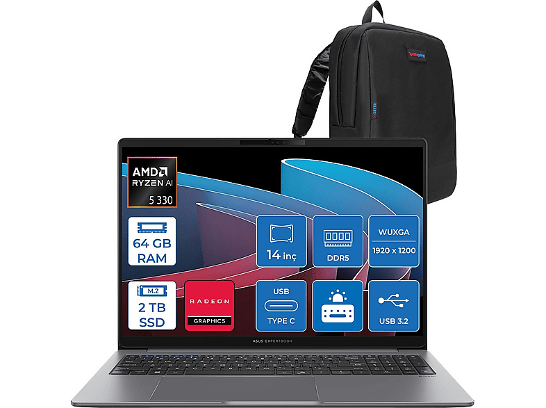ASUS ExpertBook P3 PM3406CKA Radeon 820M PM3406CKA5F19 AMD Ryzen 5 330 64 GB RAM 2 TB SSD 14 inç FreeDOS Laptop+Çanta Siyah
