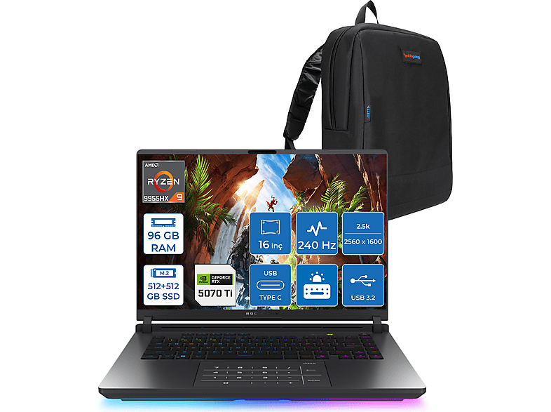 ASUS Rog Strix G16 12GB RTX5070Ti 2.5K 3ms WS5111F42 AMD Ryzen 9 9955HX 96 GB RAM 512 GB SSD 16 inç FreeDOS Laptop+Çanta Siyah