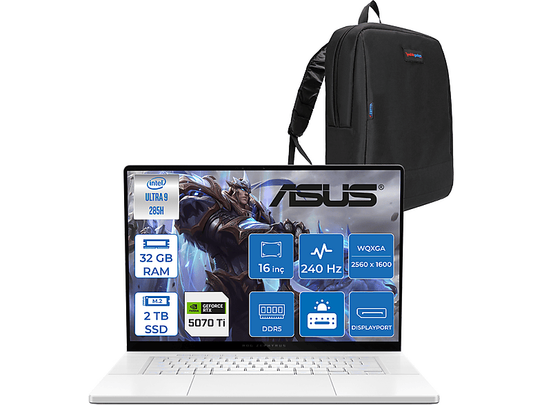 ASUS Zephyrus G16 RTX5070TI OLED 2.5K 240Hz 0.2ms WQR204104 Intel Core Ultra 9 285H 32 GB RAM 2 TB SSD 16 inç FreeDOS Laptop+Çanta Beyaz