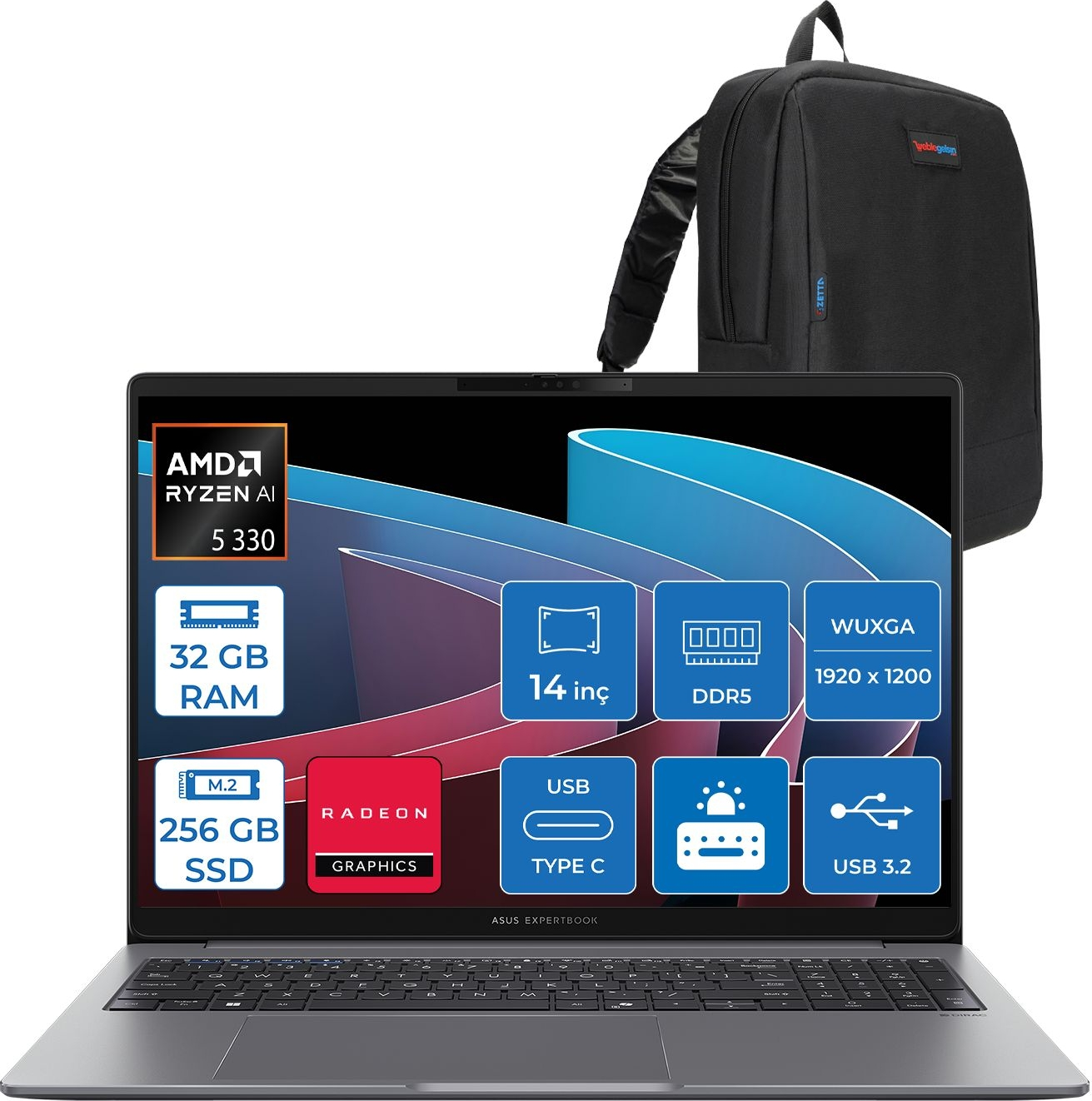 AMD Ryzen AI 5 330, 32 GB RAM, 256 GB SSD ve sırt çantası içeren ASUS Expertbook dizüstü bilgisayar.