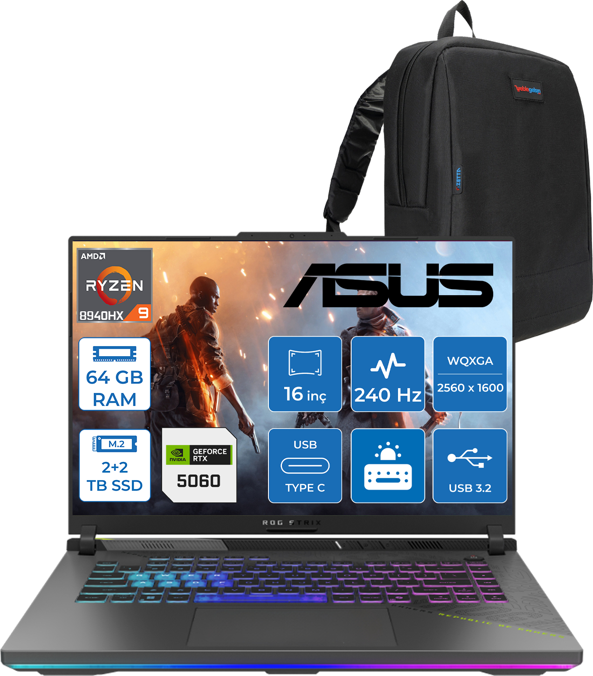 RGB klavyeli Asus ROG Strix dizüstü bilgisayarın üzerinde siyah sırt çantası.