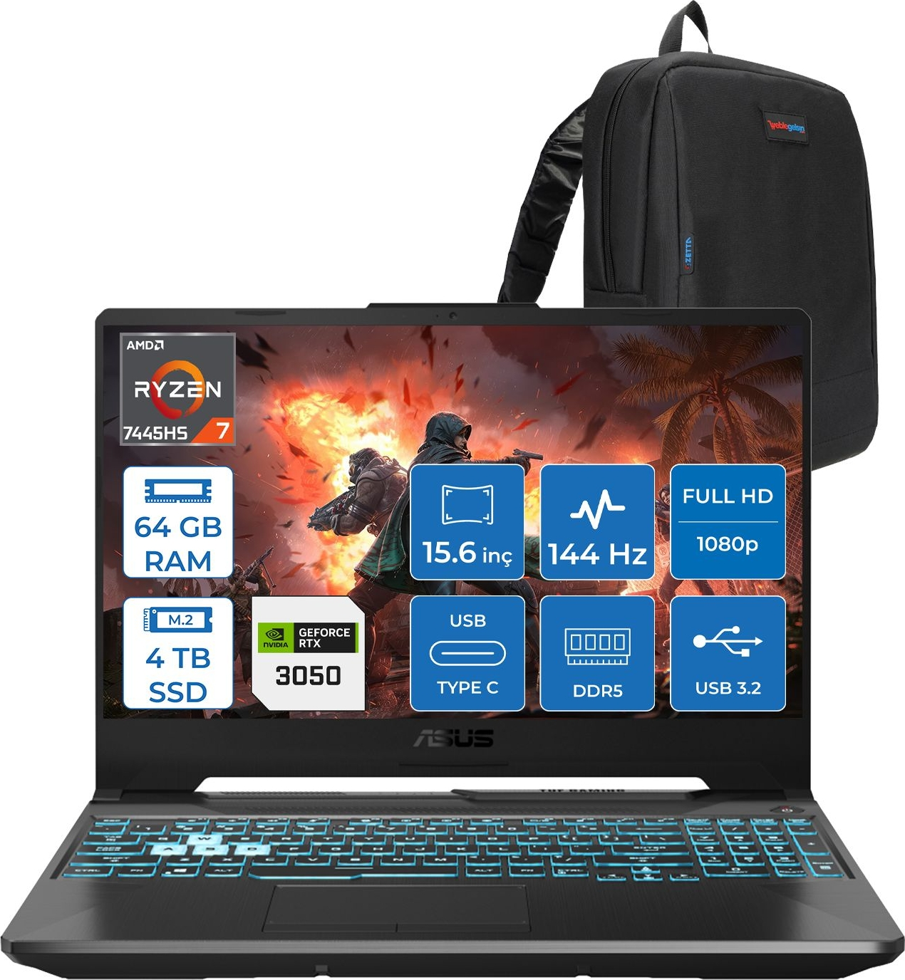 ASUS TUF Gaming A15 FA506NCG RTX3050 4GB 75W HN206AF25 AMD Ryzen 7 7445HS 64 GB RAM 4 TB SSD 15,6 inç FreeDOS Laptop+Çanta Siyah
