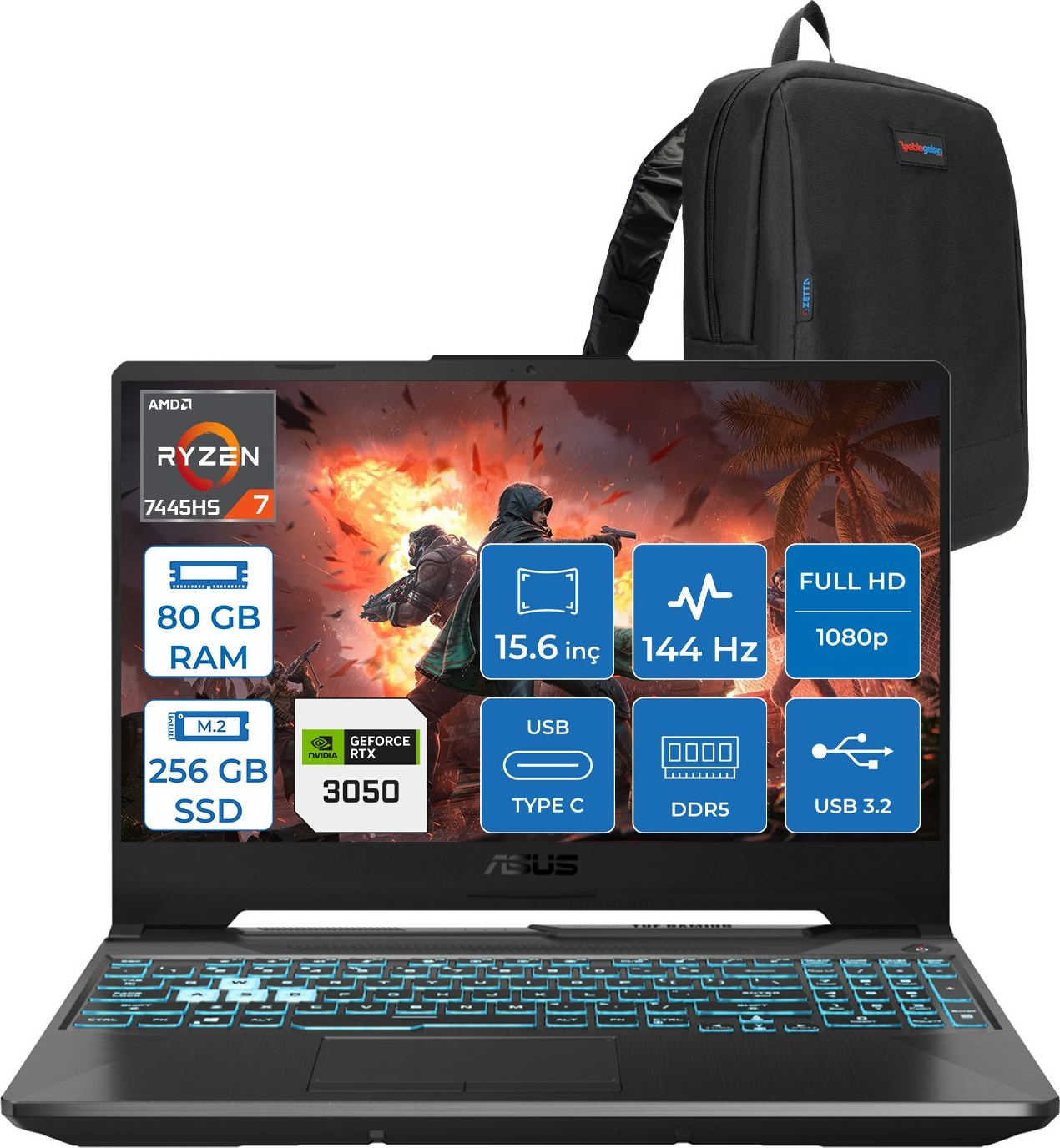 ASUS TUF Gaming A15 FA506NCG RTX3050 4GB 75W HN206AF26 AMD Ryzen 7 7445HS 80 GB RAM 256 GB SSD 15,6 inç FreeDOS Laptop+Çanta Siyah