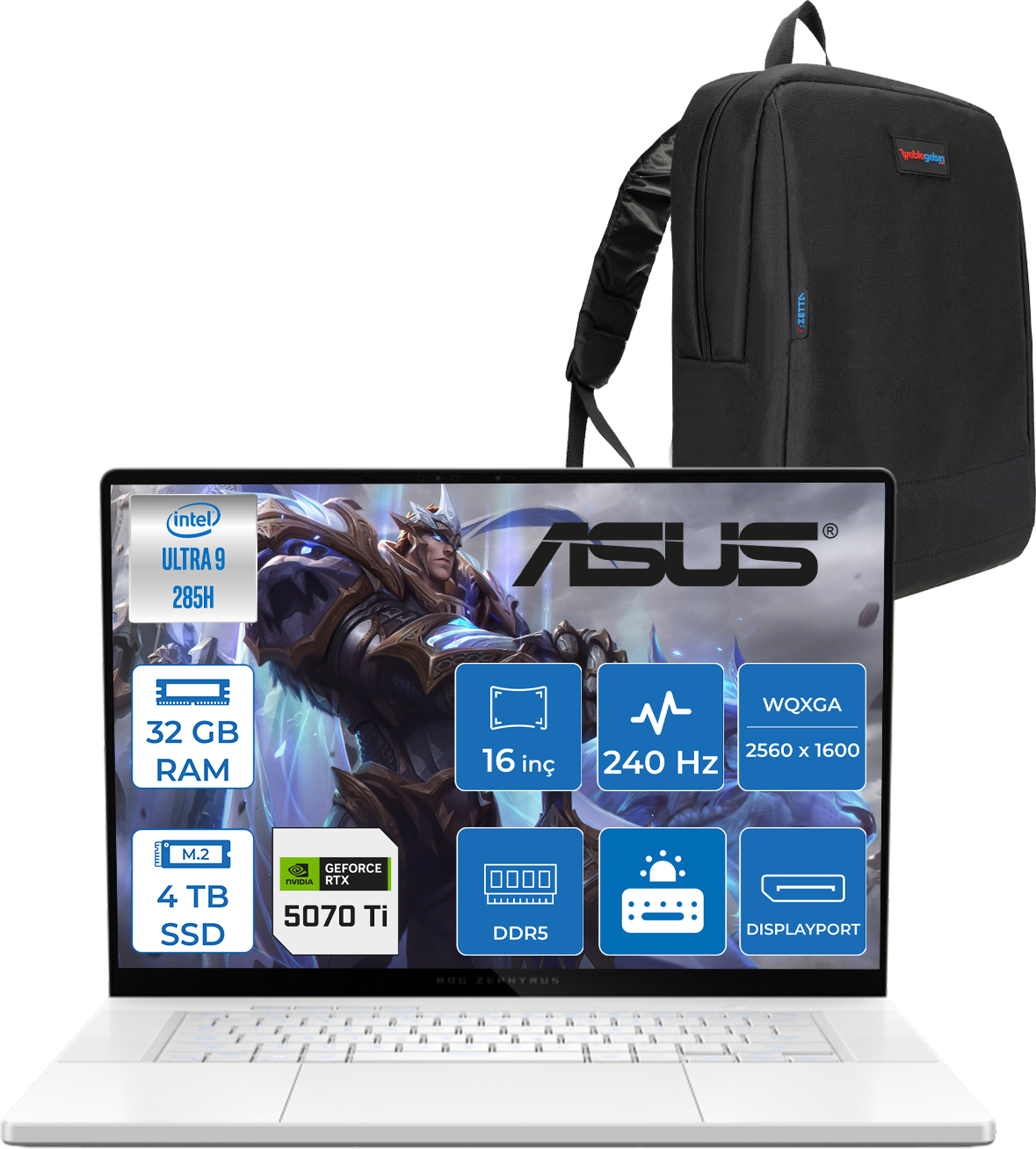 Intel Ultra 9, 32GB RAM, 4TB SSD, RTX 5070 Ti'li beyaz ASUS dizüstü ve siyah sırt çantası.