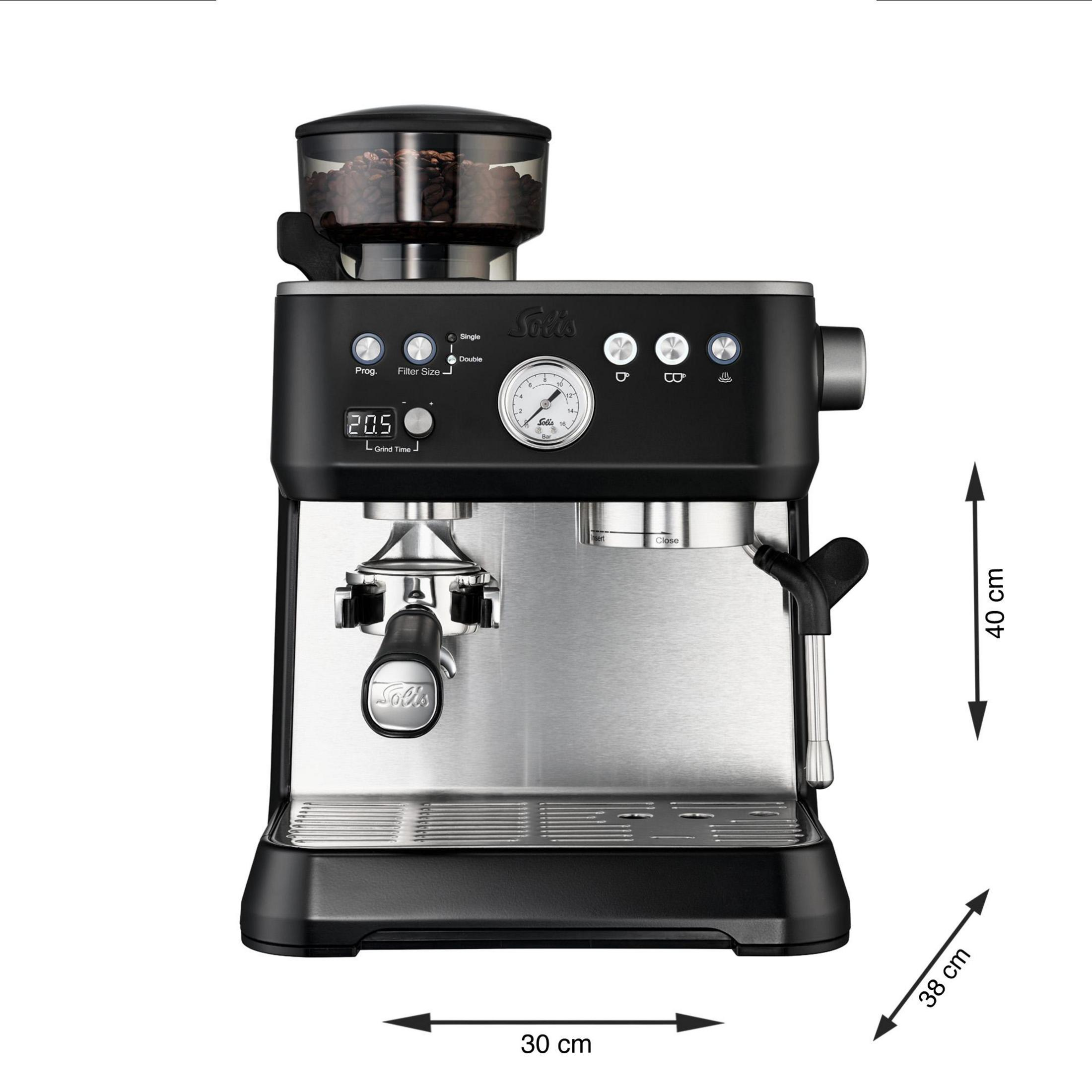 Schwarze Espressomaschine mit Mühle, Digitalanzeige, Manometer und Siebträger.