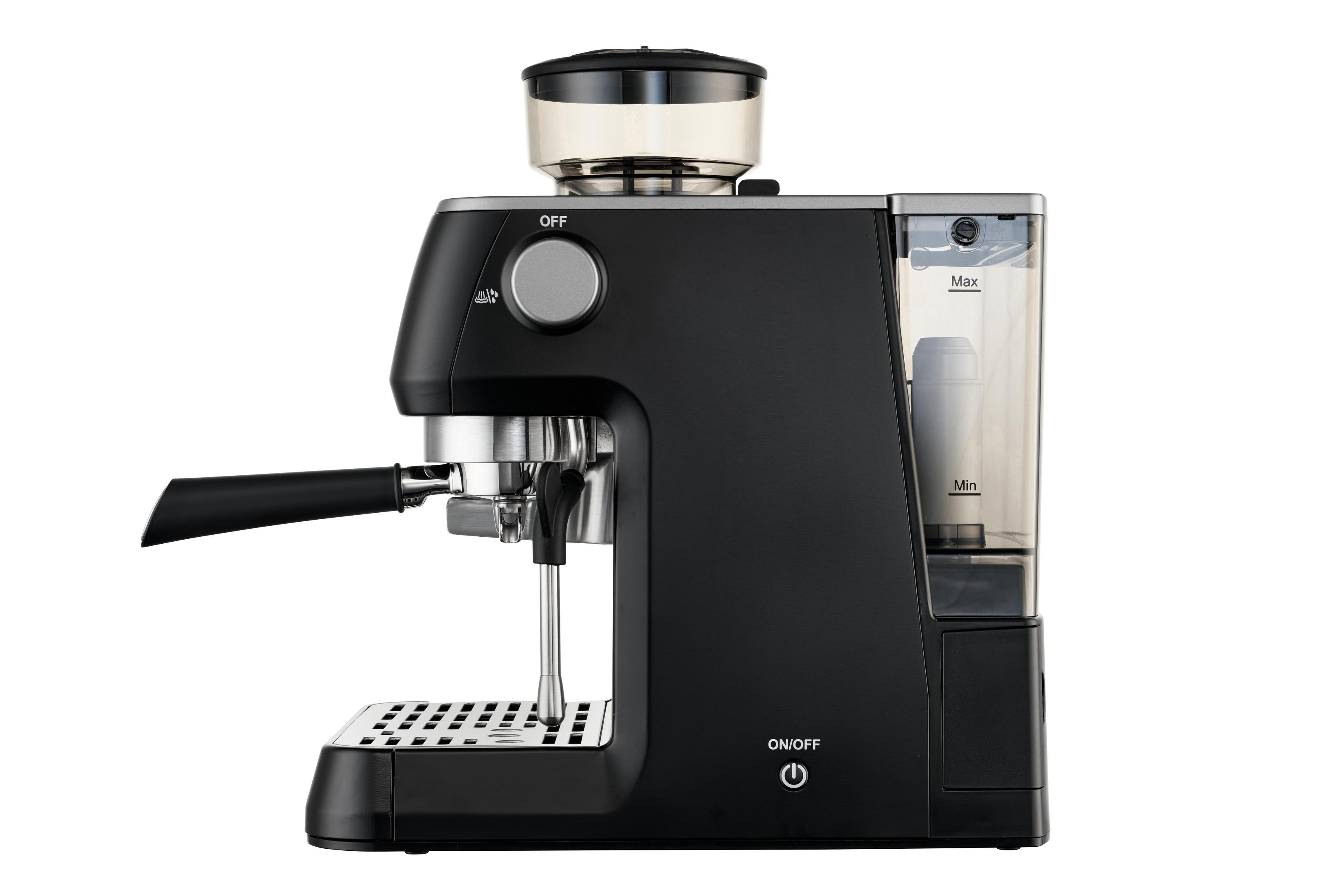 Schwarze Espressomaschine mit Kaffeebohnenbehälter oben und Wassertank rechts.